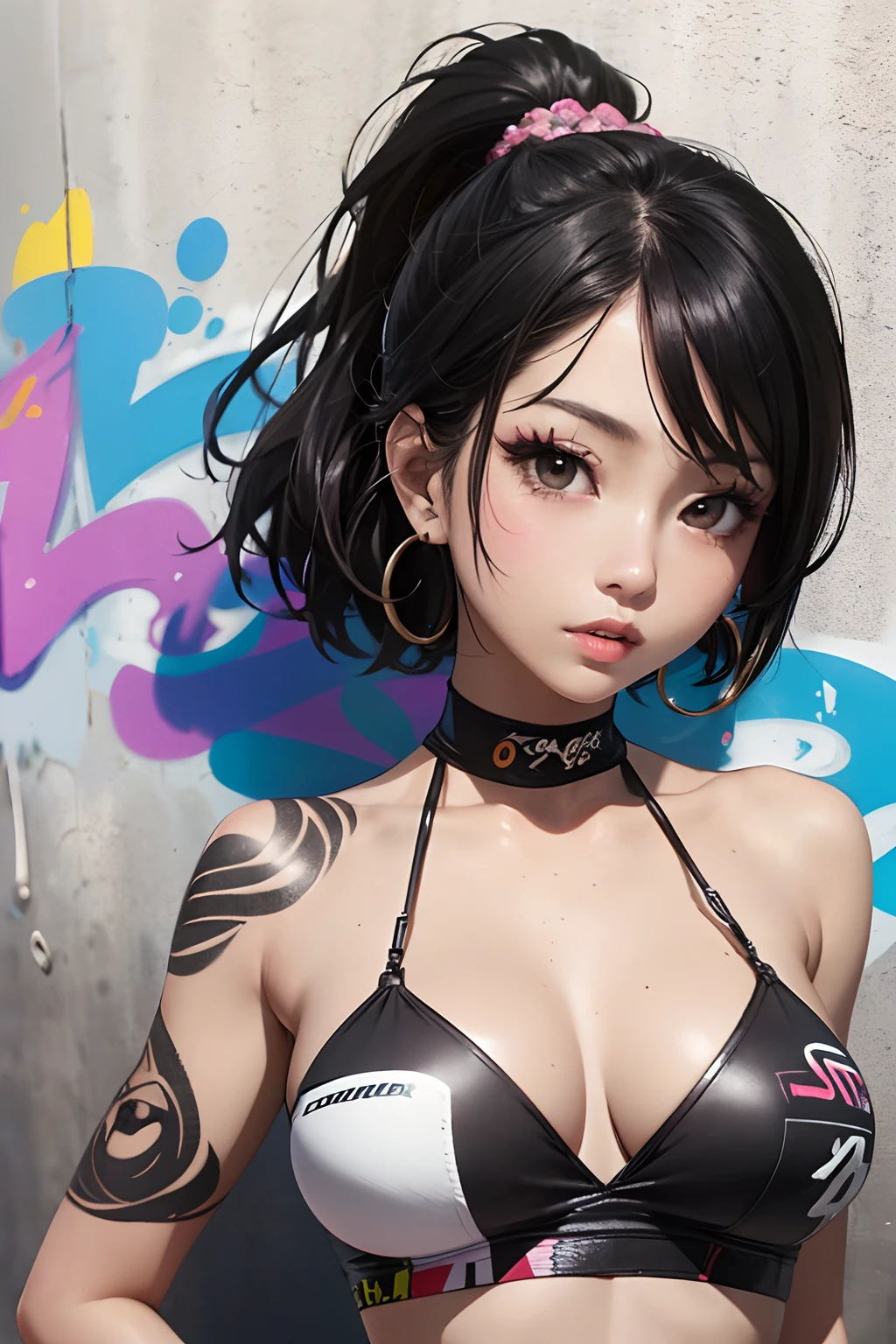 Full body. Nude. (masterpiece), (portrait), big breasts (aesthetics), ((1 female 21 years old)), Highlight earrings), ((Short hair)), ((Black hair)), Straight hair, Ponytail , eyes wide open , brown eyes, cute, female, woman, feminine, beautiful, female features, top, high quality, aesthetic clothing, professional angle, (rule of thirds), (female), (female), (female), (beautiful), (female features), solo, (attractive Korean), summer, (ink mist), (afternoon), (vibrant light), ((expressive postures)), (hands on hips), ((looking face forward)), ((Energetic)), (Bold make-up), (Big bust), (Confident look), Fair skin tone, (Clothes with hip hop details), (Crop Top), (Denim shorts), (Neckline halter), ((Graffiti Wall Background)), (Medium Shot Shot), beautiful hands, beautiful body, beautiful ears, normal ears, beautiful eyes, bright eyes, beautiful mouth, beautiful lips,