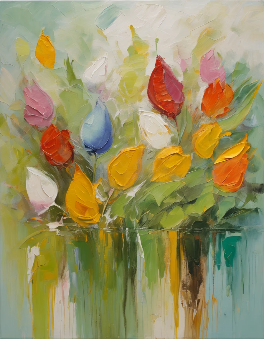 Master oil painting,Still life oil painting,tulips,Clear brush texture,Light yarn,A masterpiece of extraordinary masters,Ultra-clear,Beige, white, yellow green.