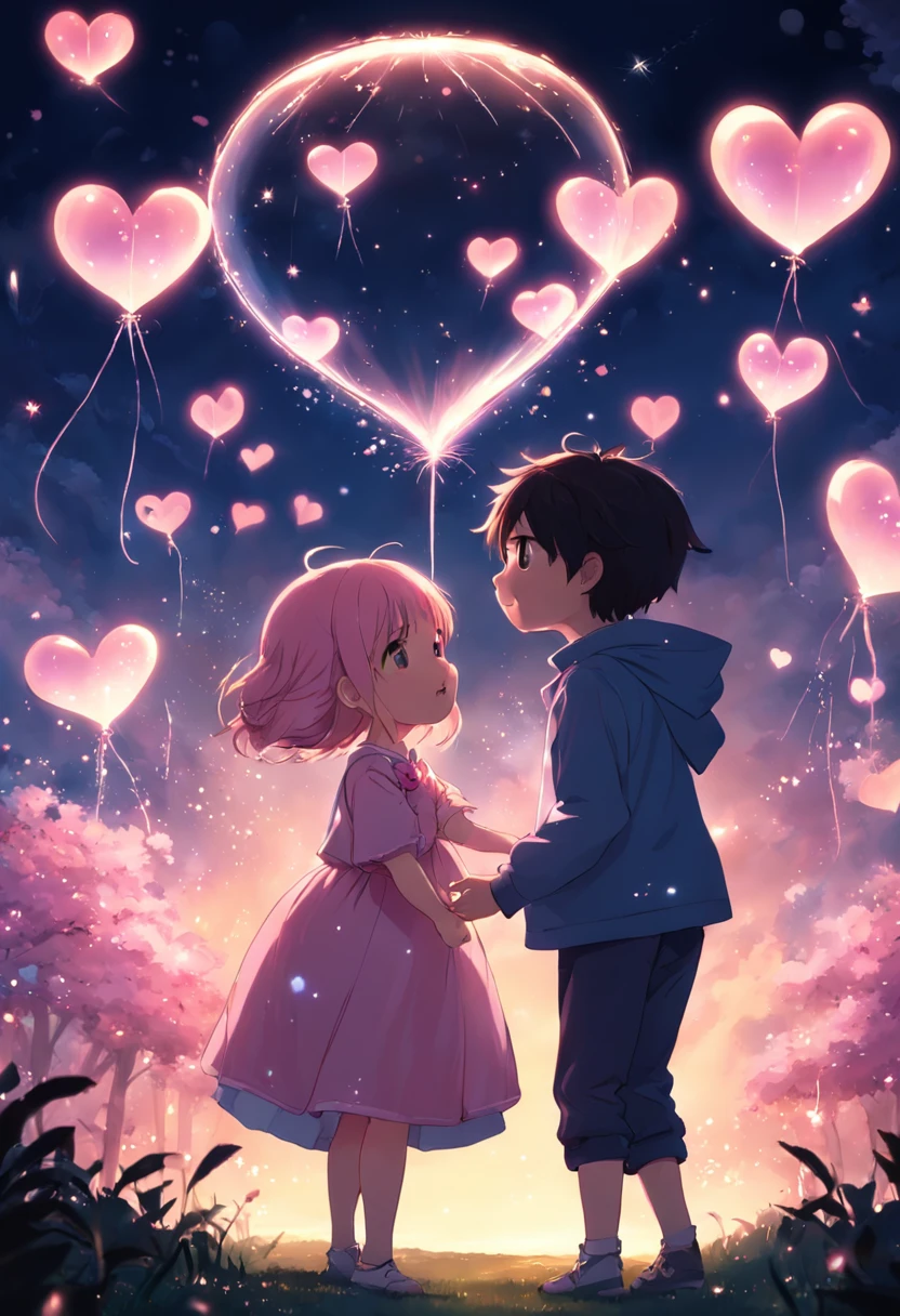 the night,In pink,Fireworks all over the sky,Heart-shaped bubbles,Child couples,Cartoony,Chubby little girl and little boy hugging each other,Glowing fireflies around,,Cute and cute,KIDS ILLUSTRATION,Glow effects,Dingdall effect,depth of fields,high light,Real light,Ray traching,oc rendered,Hyper-realistic,best qualtiy,8K,Works of masters,super-fine,Detailed pubic hair,Correct anatomy,sharp focus on eyes,Bokeh,Facial features are carefully depicted