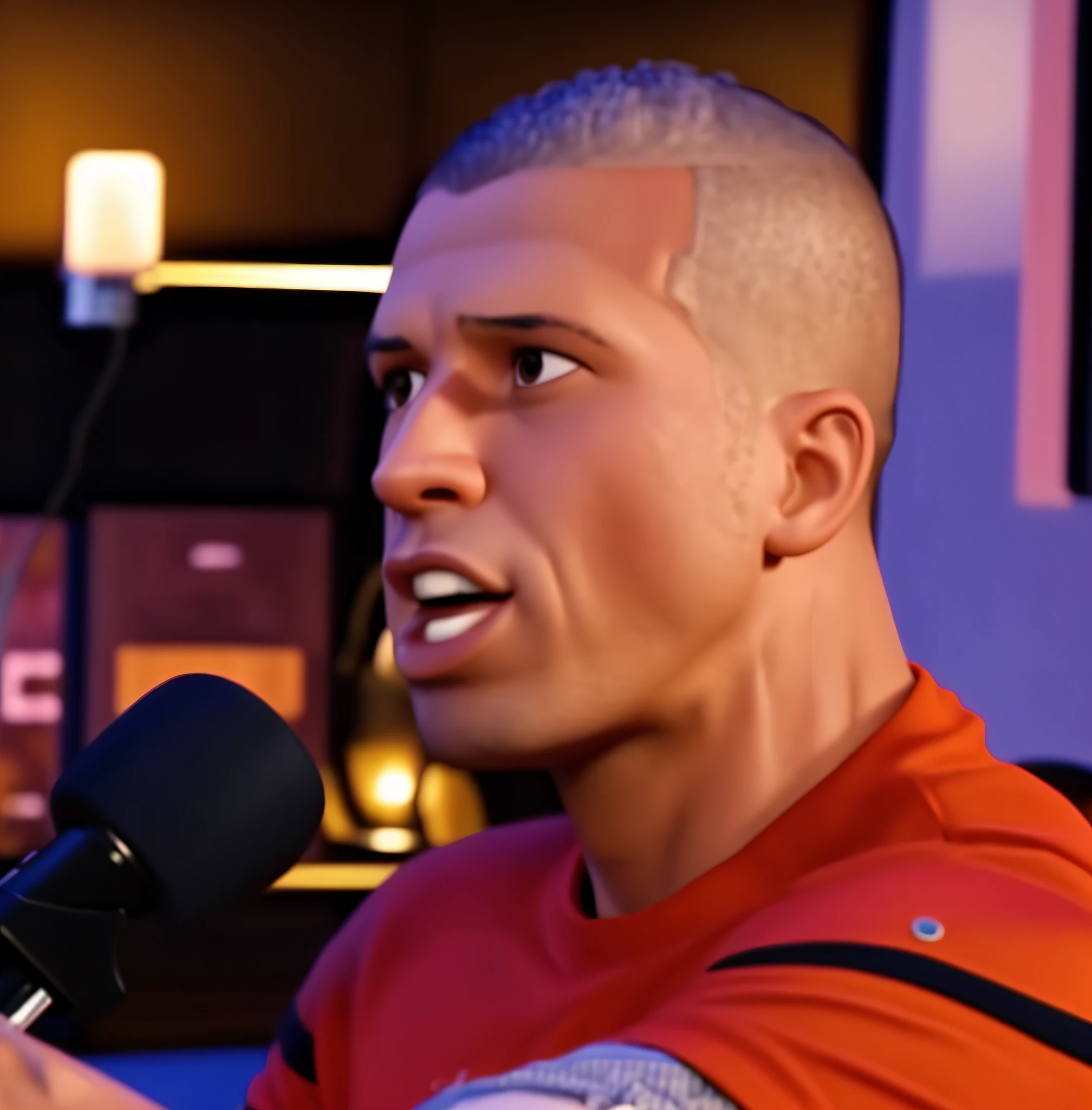 Homem de camisa vermelha segurando um microfone e falando ao microfone, taken in the early 2020s, taken in the late 2010s, Ronaldo Nazario, George Floyd, youtube video screenshot, Ronaldo Nazario Fenomeno, smug look, sentado em frente a um microfone, Ronaldo Luis Nazario de Lima