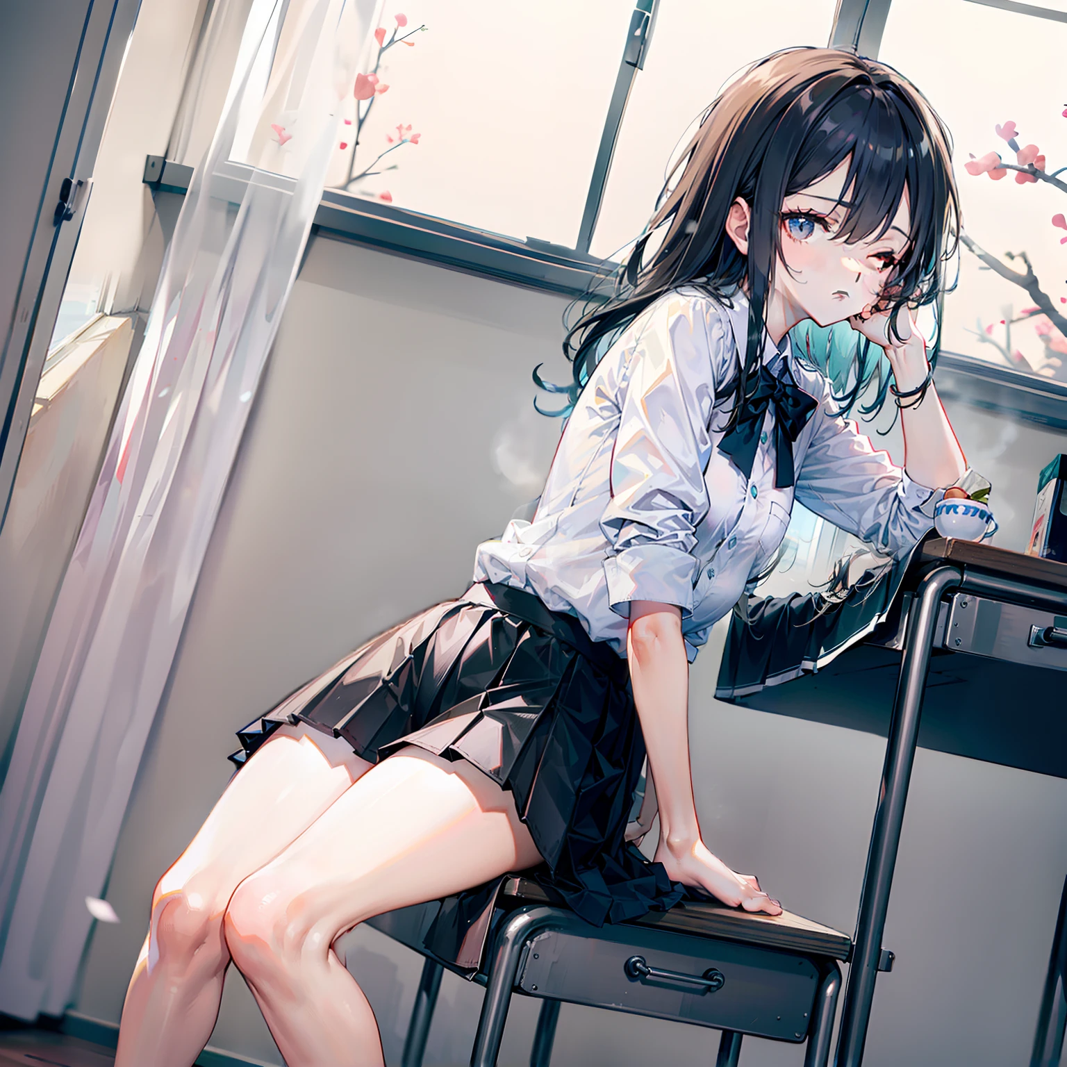 She was in the back row of the classroom by the window,He was sitting in his seat and sleeping with his head down,She has long hair,Covered the side of her face,Her long hair belongs to a semi-upward hairstyle,A gust of wind blew,You can smell the faint aroma of apricot blossoms,You can vaguely see the side of her face,The contours of her face are still a little childish,Small lips,Match the well-proportioned bridge of the nose,Close your eyes to match your snow-white skin ,in a white shirt, Super-short pleated skirt,Delicate thighs under the eyes。