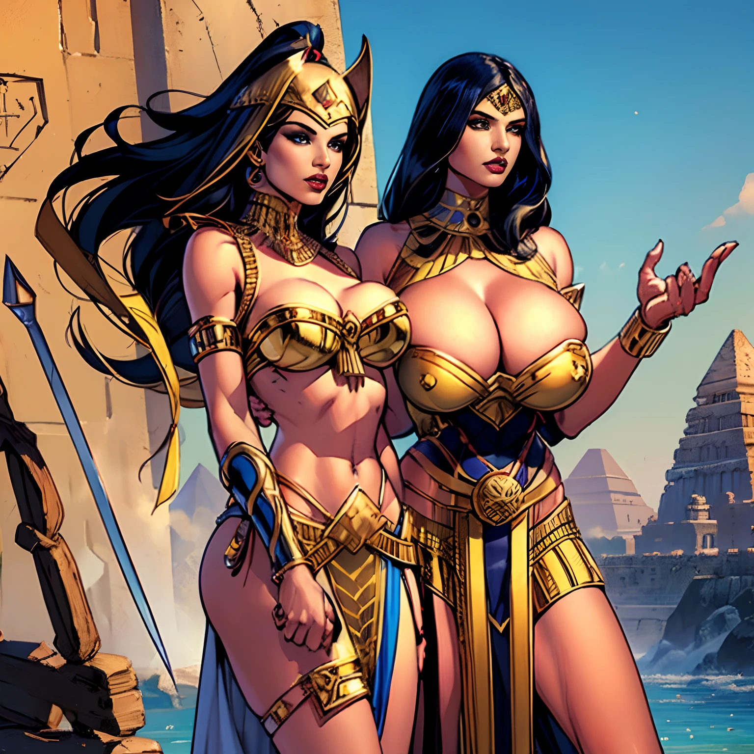 (masterpiece, top quality, best quality, official art, beautiful and aesthetic:1.2), (1girl:1.3), long and straight black hair, tanned skin, extremely detailed, portrait, looking at viewer, solo, (full body:0.6), detailed background, close up, mischievous eyes, (hot summer Egypt theme:1.1), Egyptian duelist woman, heavy Egyptian makeup, winged eyeliner, Persian nose, bold nose, long nose, arched nose, downturned nose, large nose, dark tan skin, charlatan, smirk, mysterious, walking in desert, revealing white and gold and sapphire Egyptian silks, cobra headdress, white short skirts, criss cross top, criss-cross top, halter top, jewelry, minimal armor, white fabric, gold jewelry, precious stones, dual sickle swords, ((((gigantic breasts, cleavage, skindentation)))), slim waist, slim hips, long legs, ancient (Egyptian temple exterior:1.1) background, dark mysterious lighting, shadows, magical atmosphere, dutch angle,