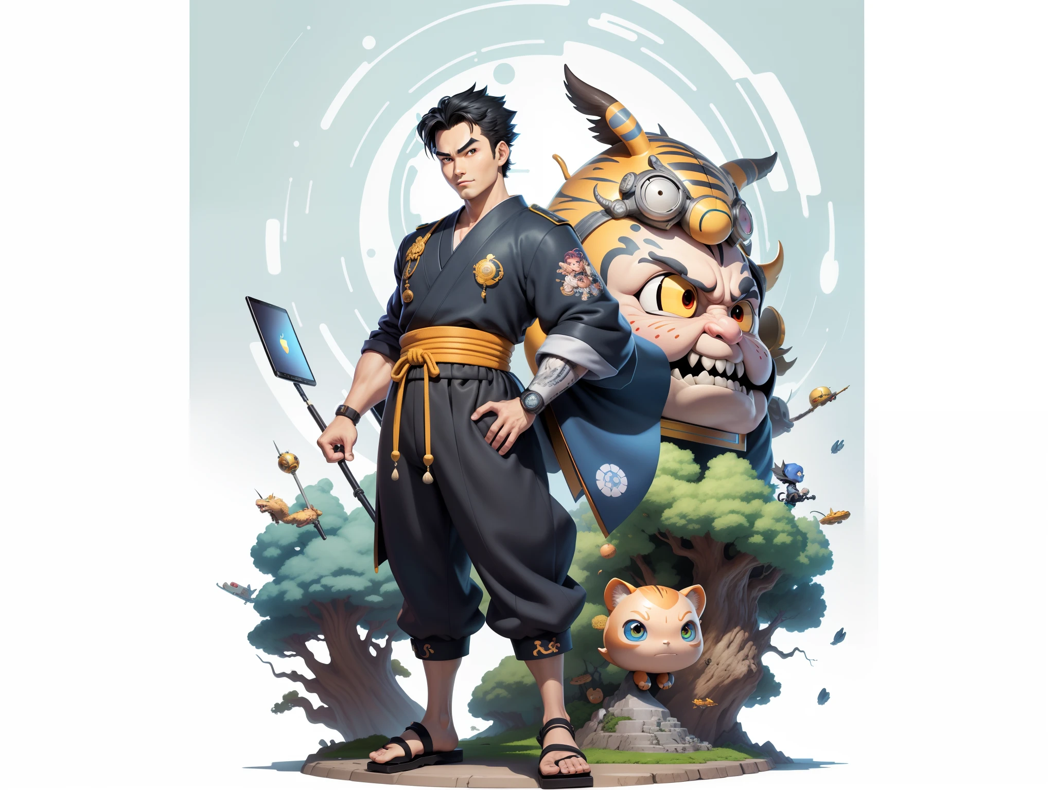 (Masterpiece), (Excellent), (Super Meticulous), (Full Body: 1.2), Super Young Man, Oriental Face, Japanese Kimono, Japanese Wind Thunder God, Dragon, Tiger, TV Anchor, Bust Portrait Illustration, Alone, Black Suit, Blue Tie, Slightly Chubby Face, Very Clean Face, No Beard, Black Super Short Hair, Black Eyes, Confident Smile, 3c Computer Sub-Products, iPad, iPhone, Digital Painting, 3D Character Design by Akira Toriyama and Mark Claireden and Pixar and Hayao Miyazaki, The illustration is a high-definition illustration in 4K resolution with very detailed facial features and cartoon-style visuals.
