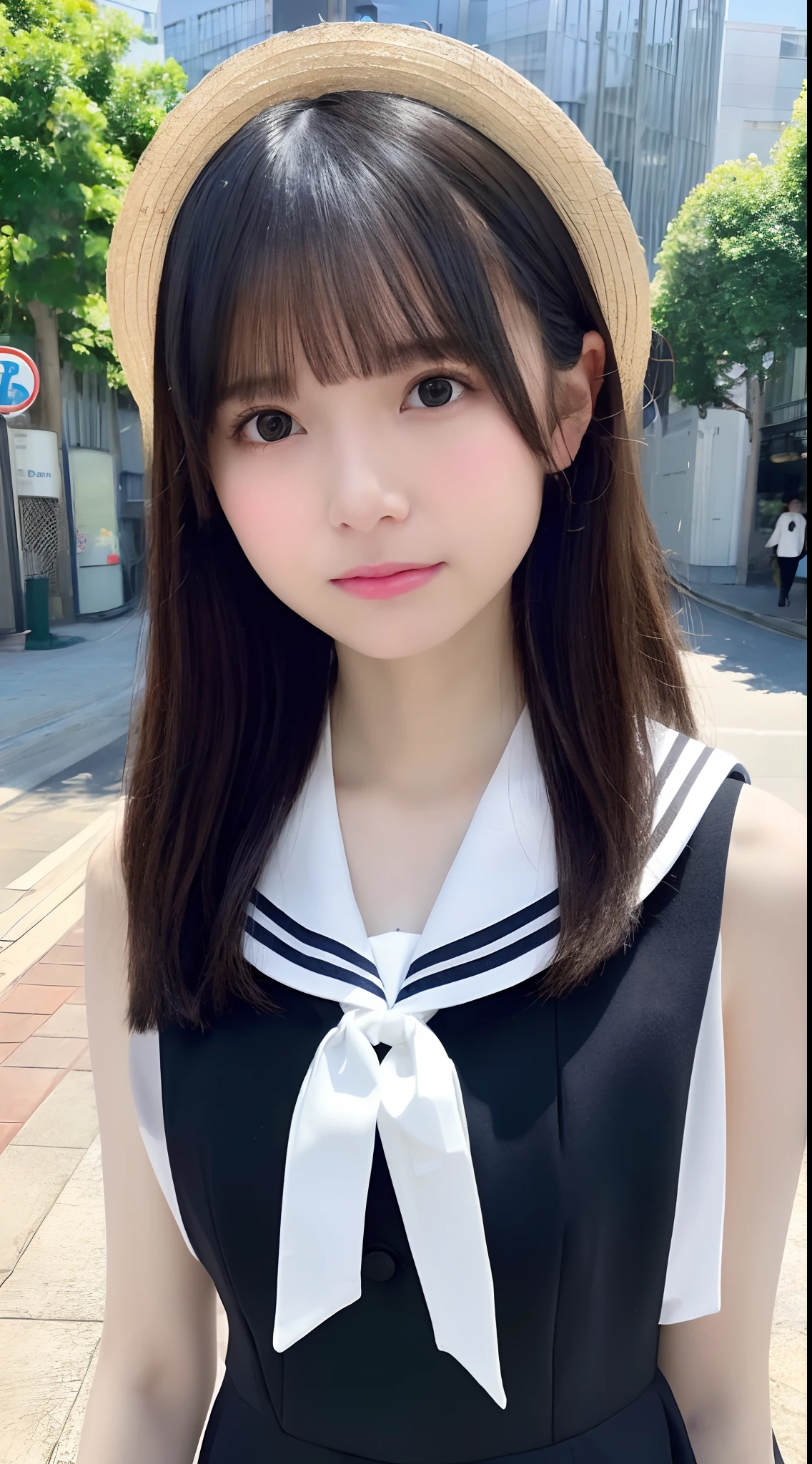 mix4, (8K, Raw photography, Top image quality, masterpiece: 1.45), (realisitic, Photorealsitic: 1.37), one girls, cute little, A city scape, natta, Sateen, Wetty, profetional lighting, photon maping, Radio City, physically-based renderingt, Gradient black hair, white hair, short curly hair, a handsome, girl with, (((Randomly generated plain clothes))), Top Quality Photos, hight resolution, 1080p, (clearface), (Detailed face description), (Detailed hand description), (masterpiece), (Exquisite CG)、extreme light and shadows、dishevled hair、master work、abundant detail、(Fine facial features)、(top quality photo)、(masuter piece)、(A detailed eye)、Look in front of you、Fine clavicle、((Slender big))、((Private School Uniforms、summer clothing、a sailor suit、a miniskirt)))、((In front of Shibuya Station))、((Wear a straw hat))、(Shooting from random perspectives)、(((Sleeveless)))、耳Nipple Ring、A big smile、Drawing the whole body from the knees、