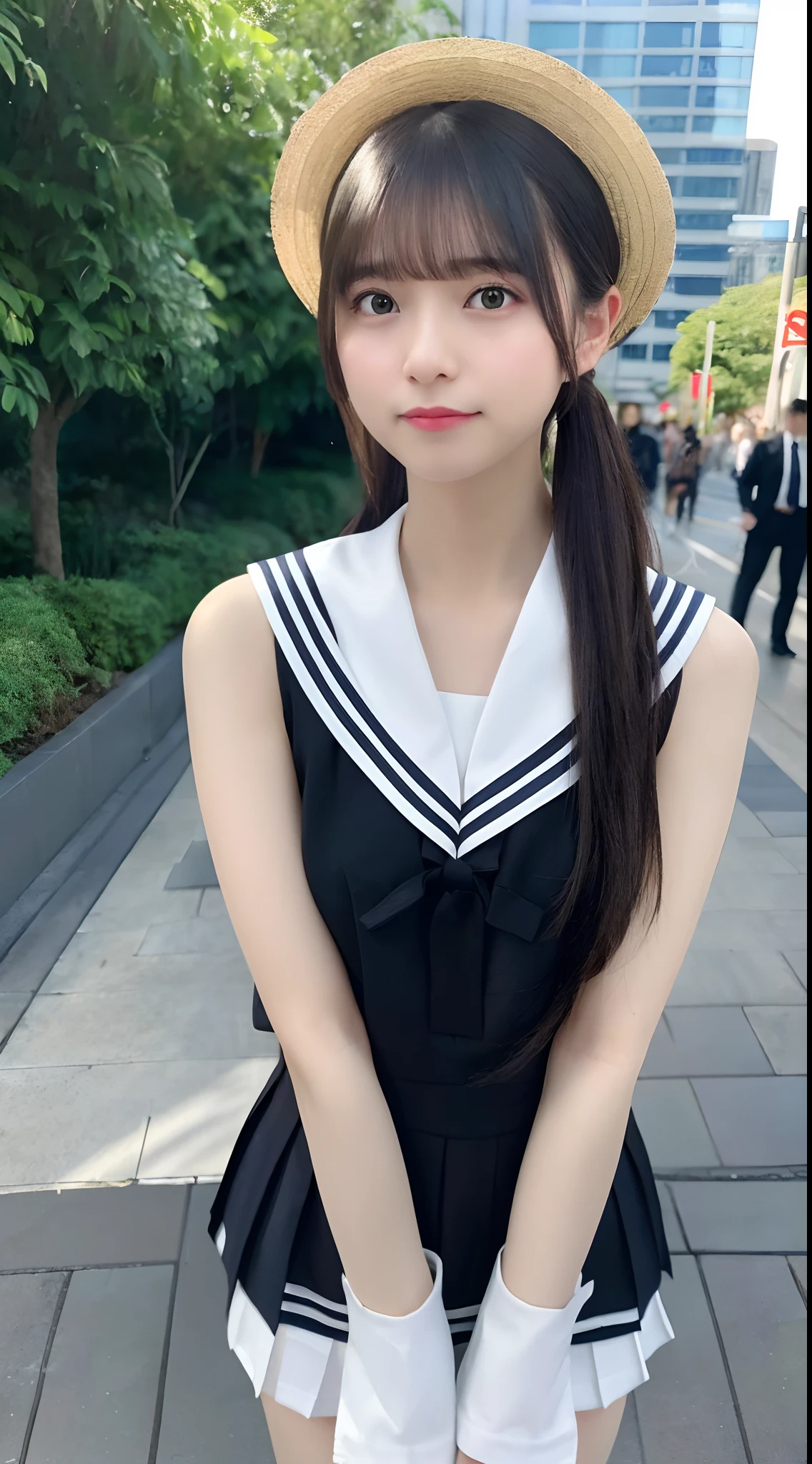 mix4, (8K, Raw photography, Top image quality, masterpiece: 1.45), (realisitic, Photorealsitic: 1.37), one girls, cute little, A city scape, natta, Sateen, Wetty, profetional lighting, photon maping, Radio City, physically-based renderingt, Gradient black hair, white hair, short curly hair, a handsome, girl with, (((Randomly generated plain clothes))), Top Quality Photos, hight resolution, 1080p, (clearface), (Detailed face description), (Detailed hand description), (masterpiece), (Exquisite CG)、extreme light and shadows、dishevled hair、master work、abundant detail、(Fine facial features)、(top quality photo)、(masuter piece)、(A detailed eye)、Look in front of you、Fine clavicle、((Slender big))、((Private School Uniforms、summer clothing、a sailor suit、a miniskirt)))、((In front of Shibuya Station))、((Wear a straw hat))、(Shooting from random perspectives)、(((Sleeveless)))、耳Nipple Ring、A big smile、Drawing the whole body from the knees、
