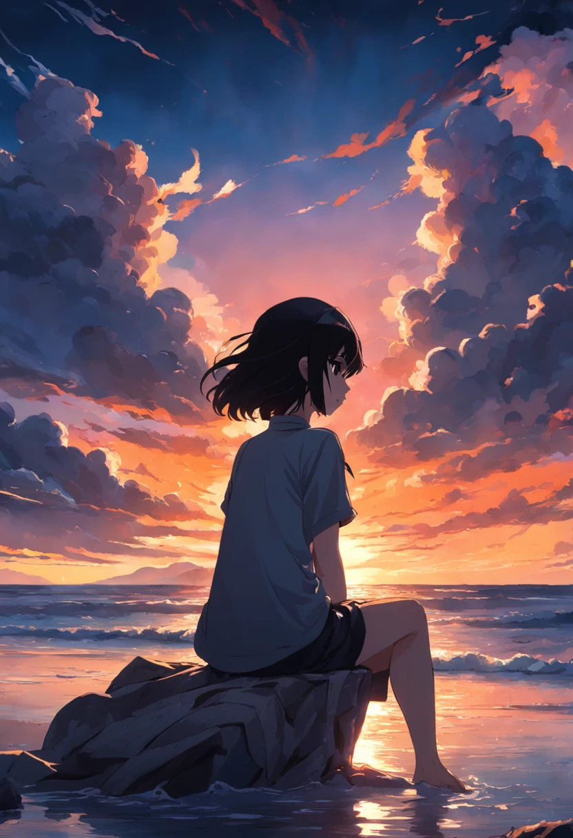 Woman sitting by the sea,the sunset,eventide,Hats,ventania,clouds