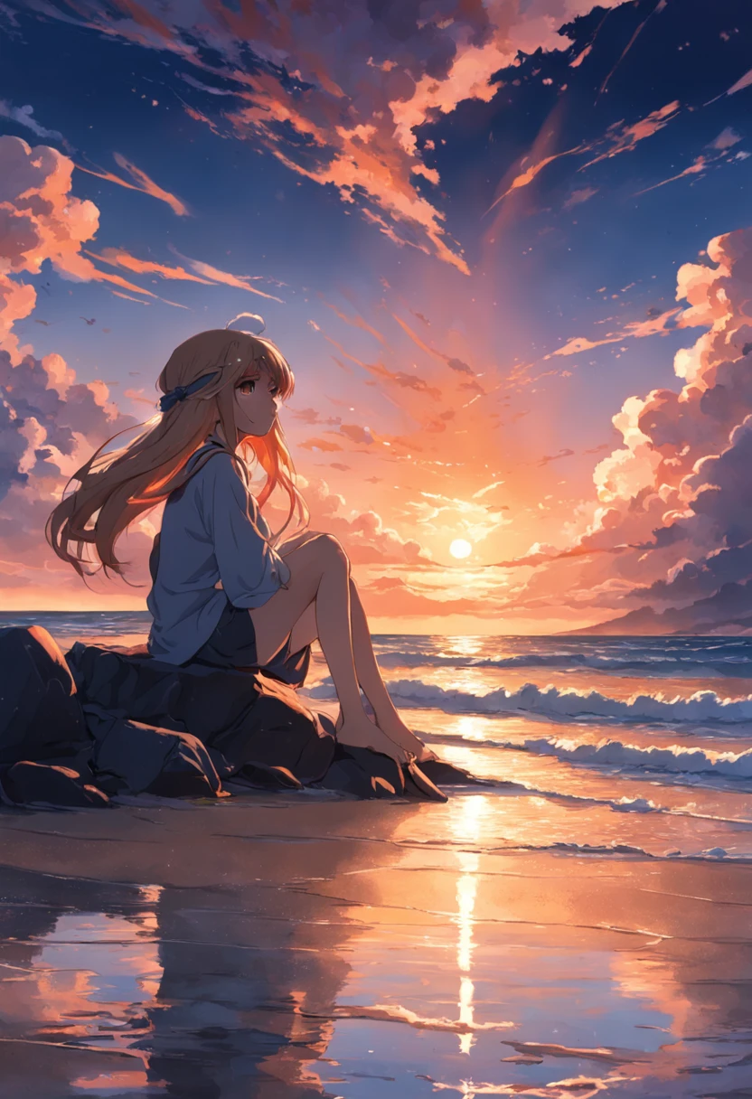 Woman sitting by the sea，the sunset，eventide，Hats，ventania，​​clouds