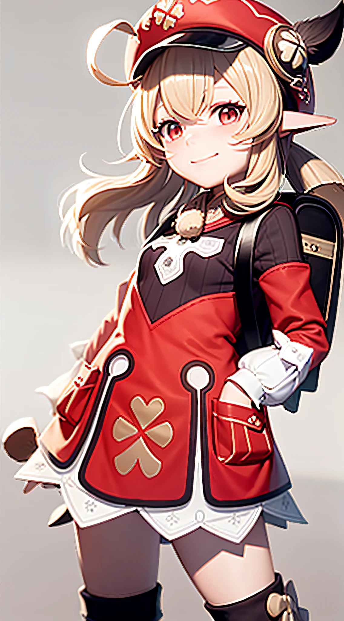 masterpiece, best quality,  1girl,smile,red hat,pointy ears,backpack,ahoge,dress,long sleeves,ribbed legwear,knee boots,dodoco \(genshin impact\), jumpy dumpty,charm \(object\), grey background,