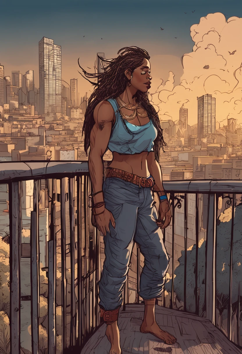 "An imposing Giantess in a hippie style hippie and laid-back is rocking a crop top and baggy pants. His toned and athletic build suggests his enormous strength. Ela parece estar passeando casualmente pela movimentada paisagem urbana de GTS City, while towering buildings loom over the city. Smoke and clouds prowl around your fence, adding to the sense of epic scale and drama. The lighting is dark, sombria e realista, creating a tense and threatening atmosphere. The outlook is from below, enfatizando a majestade e o poder dos Giantes, (((sem calcinha ))."