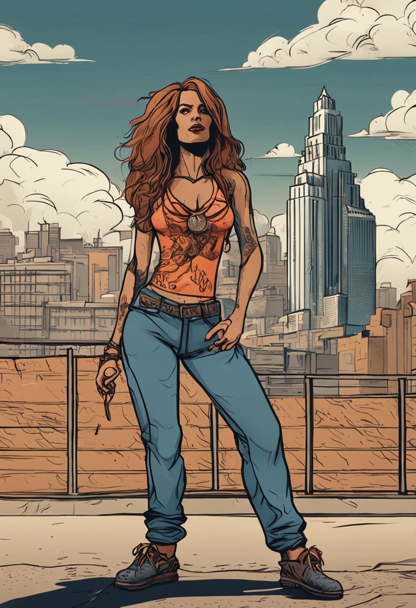 "An imposing Giantess in a hippie style hippie and laid-back is rocking a crop top and baggy pants. His toned and athletic build suggests his enormous strength. Ela parece estar passeando casualmente pela movimentada paisagem urbana de GTS City, while towering buildings loom over the city. Smoke and clouds prowl around your fence, adding to the sense of epic scale and drama. The lighting is dark, sombria e realista, creating a tense and threatening atmosphere. The outlook is from below, enfatizando a majestade e o poder dos Giantes, (((sem calcinha ))."