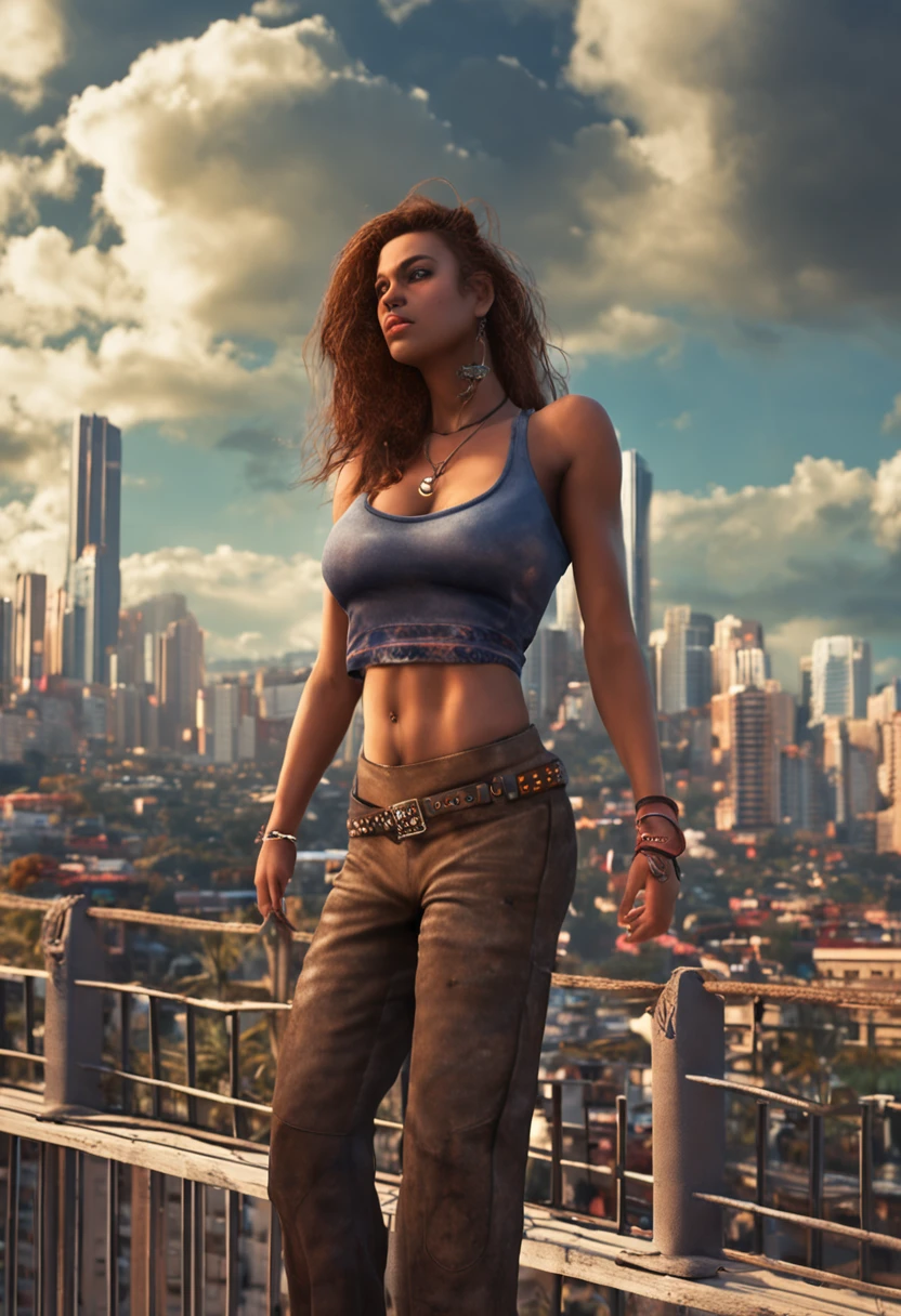 "An imposing Giantess in a hippie style hippie and laid-back is rocking a crop top and baggy pants. His toned and athletic build suggests his enormous strength. Ela parece estar passeando casualmente pela movimentada paisagem urbana de GTS City, while towering buildings loom over the city. Smoke and clouds prowl around your fence, adding to the sense of epic scale and drama. The lighting is dark, sombria e realista, creating a tense and threatening atmosphere. The outlook is from below, enfatizando a majestade e o poder dos Giantes, (((sem calcinha ))."