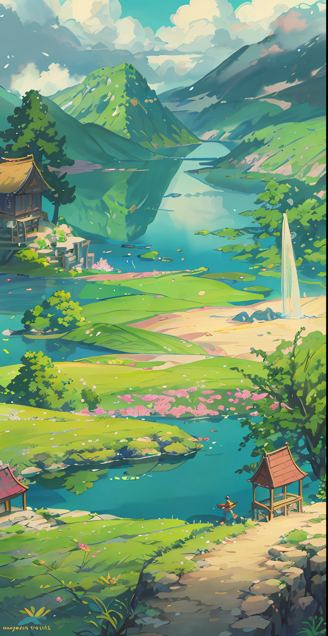 Chinese ancient times, spring, jungle, lake, cave, waterfall, tree, meadow, rock, hot spring, a plant,volcanoes,coconut palms,Antiquity,jurassic,Ancient plants,rios,grass field,grassy fields,Faraway view,mont,volcanoes,cliff,clouds,sun light, water vapor, illustration,Cartoon drawing,Lively children's drawing,Illustrations in storybooks,Cartoon coloring page,KIDS ILLUSTRATION,Disney,cartoony,Paramount,dreamworks,(illustration: 1.0), epic composition, realistic lighting, HD details, masterpiece, best quality, (very detailed CG unified 8k wallpaper)