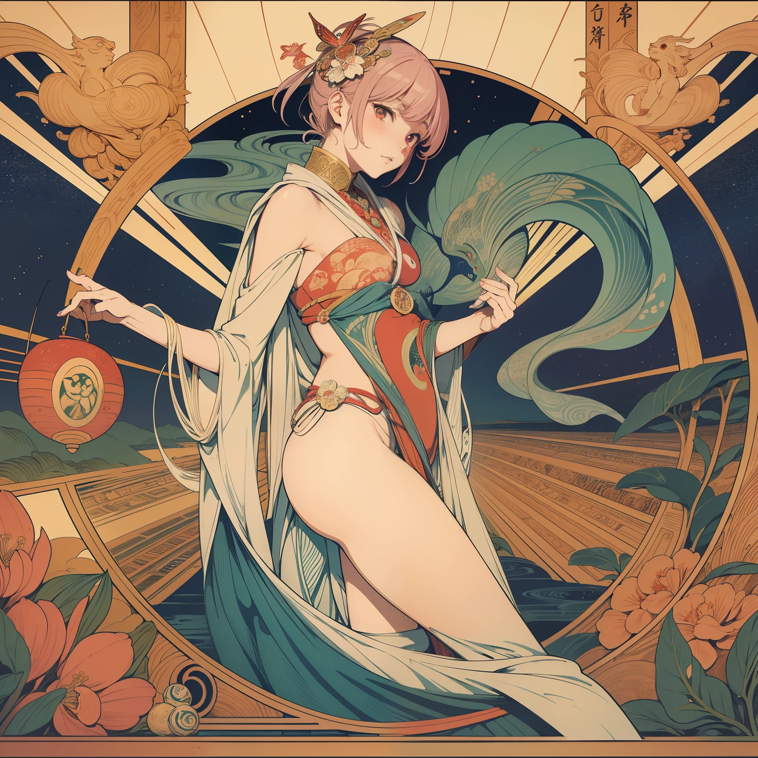 Ukiyo-e style Walter Crane, Koloman Moser, animesque wondrous strange Whimsical Sci-Fi Fantasy Wonder Travel Yokai Mummy, Zashikiwarashi, Azuki Scale, Kappa, Nurari Hyon, Sazae Demon, Alien, Energy Thief, Time Rich, Girl Who Became a Butterfly
