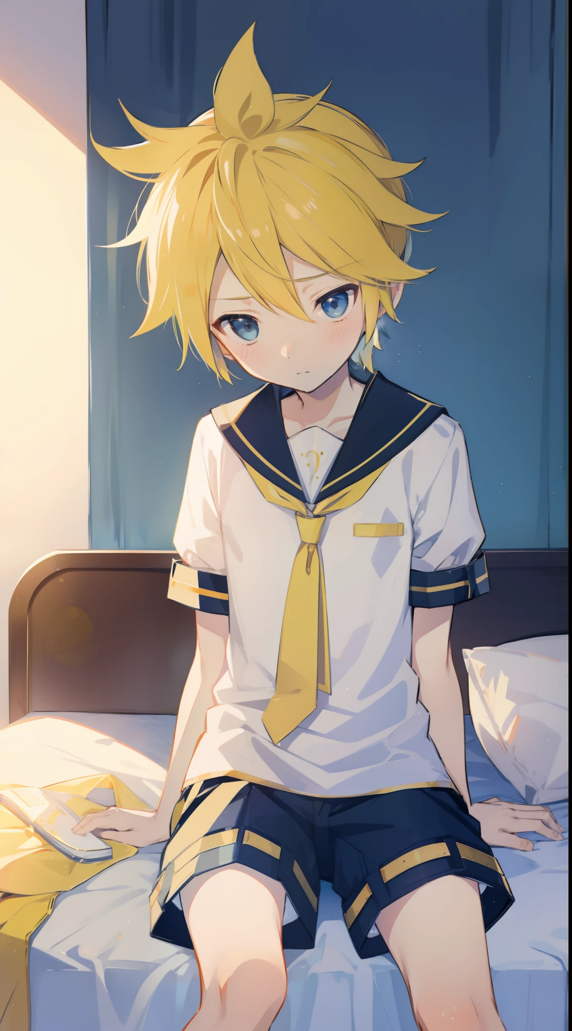 one boy, Len_Kagamine, sailor uniform, short pants, cowboy shot, outside, sitting on bed, embarrassed, shy