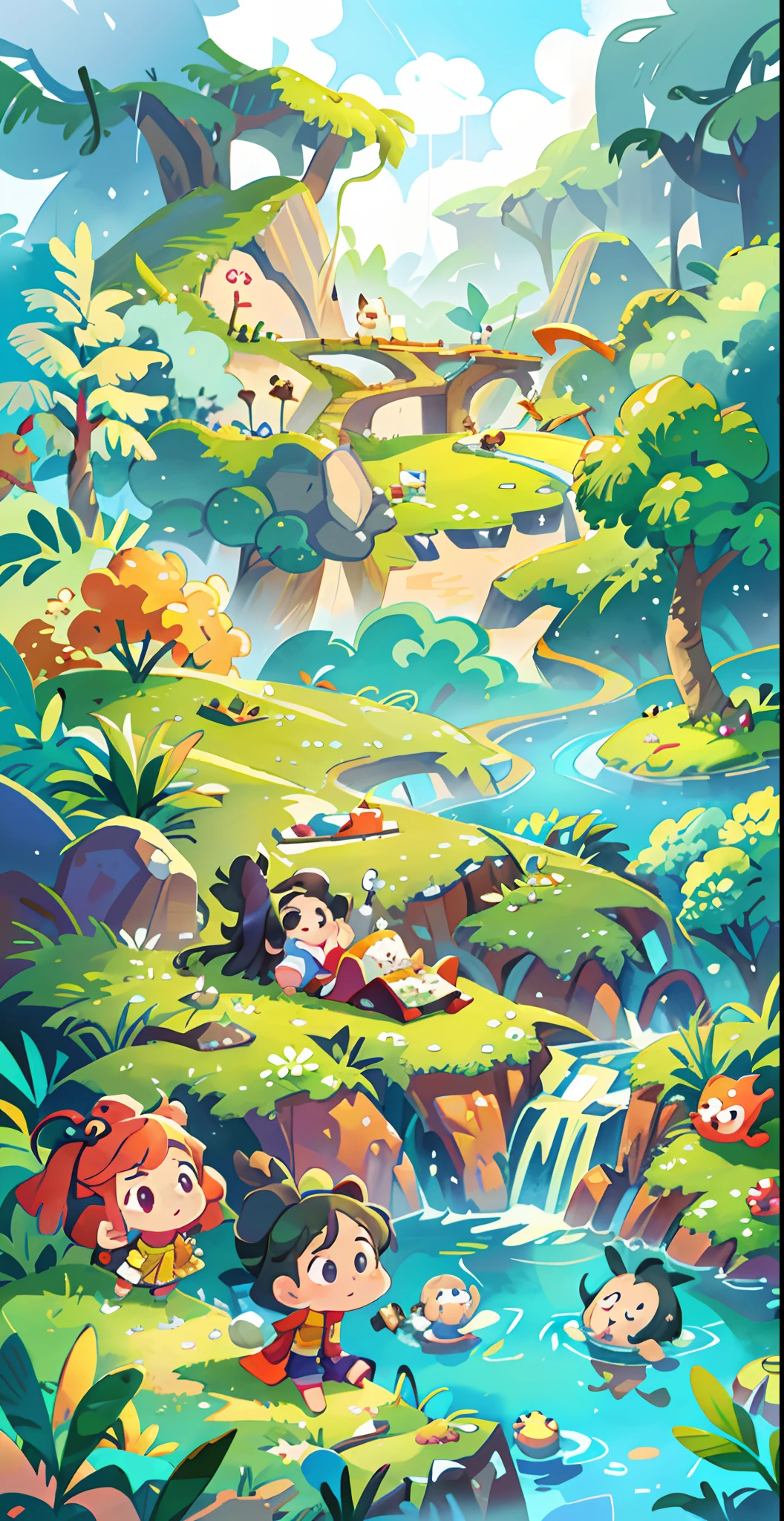 Chinese ancient times, spring, jungle, lake, cave, waterfall, tree, meadow, rock, hot spring, a plant,volcanoes,coconut palms,Antiquity,jurassic,Ancient plants,rios,grass field,grassy fields,Faraway view,mont,volcanoes,cliff,clouds,sun light, water vapor, illustration,Cartoon drawing,Lively children's drawing,Illustrations in storybooks,Cartoon coloring page,KIDS ILLUSTRATION,Disney,cartoony,Paramount,dreamworks,(illustration: 1.0), epic composition, realistic lighting, HD details, masterpiece, best quality, (very detailed CG unified 8k wallpaper)