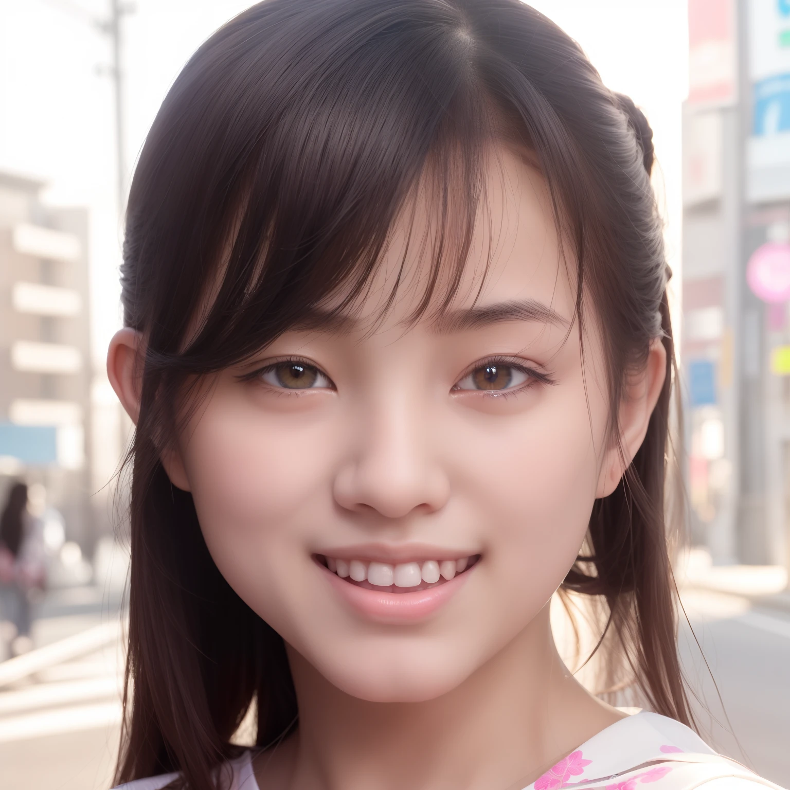 top-quality、masterpiece、超A high resolution、(Photorealsitic:1.5)Arab asian woman in pink flower shirt smiles, kawaii realistic portrait, Hyper realistic anime, photorealistic anime, cute natural anime face, realistic young anime girl, the face of a beautiful Japanese girl, japanese facial features, semi realistic anime, Realistic portrait photography, realistic anime face, Photorealistic beautiful face, portrait of a japanese teen, Digital Art. photographrealistic、teens girl、Pretty girl、Beautiful skins、Fine-grained skin、Raw photo、Background Building Street、Buildings on the background、Road signs on background、