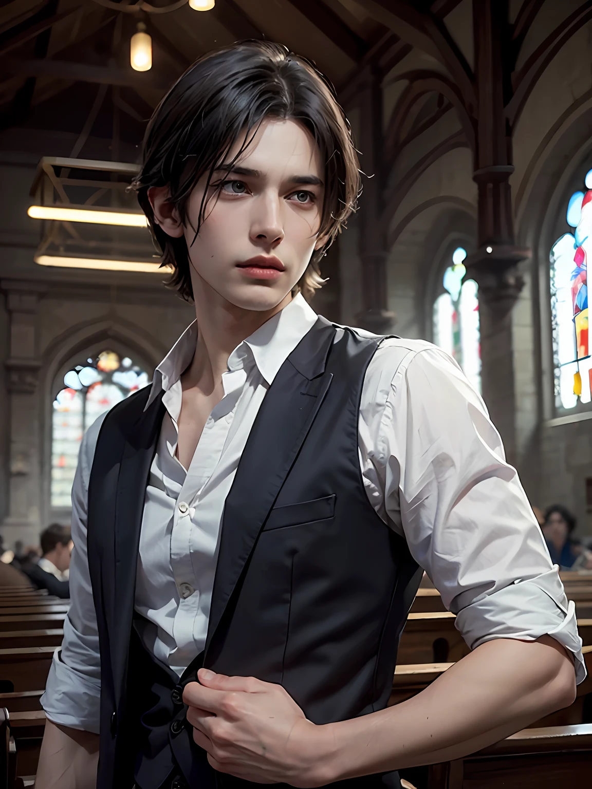 1man, stern and handsome young man, solo focus, male teacher, young adult face, short black hair, black vest and white shirt, at church, realistic, dynamic pose realistic, detailed and correct facial structure, LEON S. KENNEDY, handsome, attractive, slightly muscular, cinematic lighting, unreal engine, trending on ArtStation, intricate details, masterpiece, best quality, by Irakli Nadar, Greg Rutkowski,(((best quality))),(((ultra detailed))),(((masterpiece)))