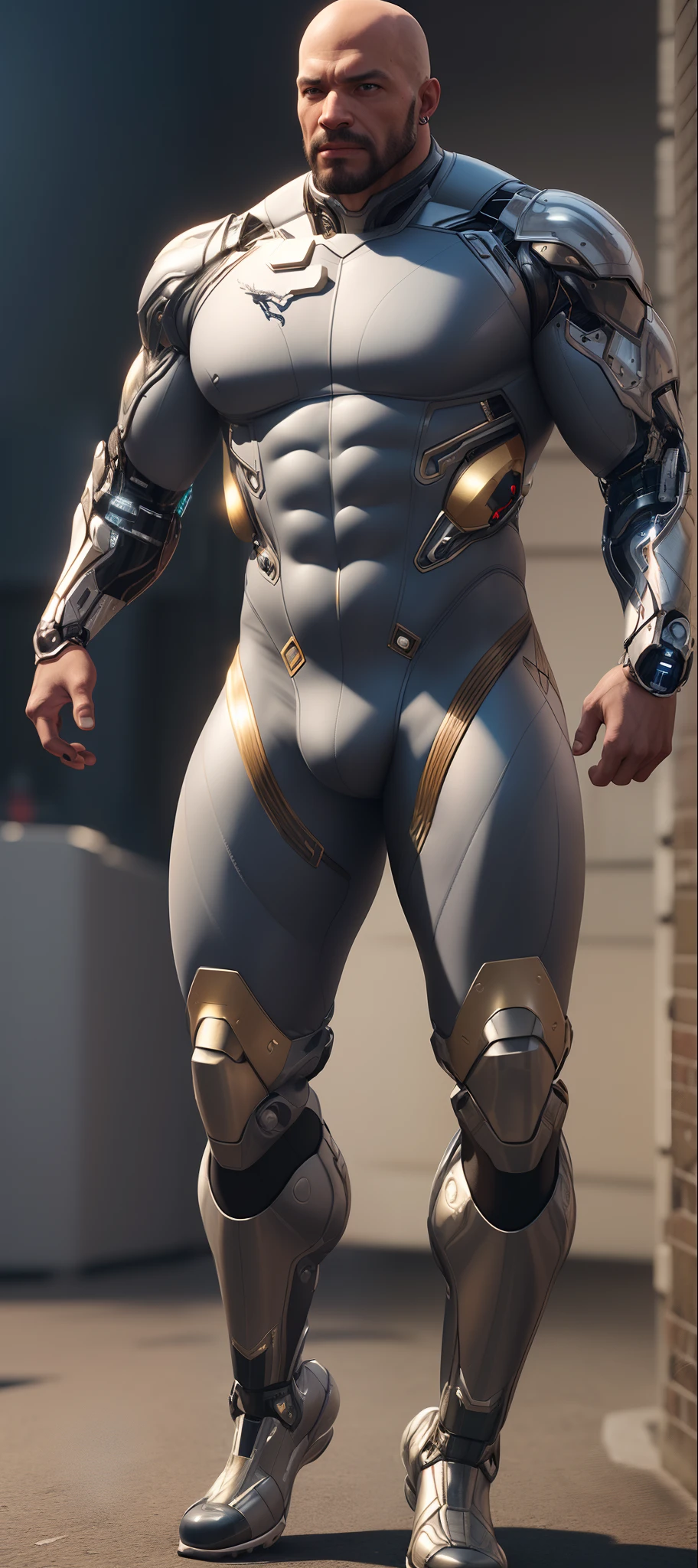 A muscular (African American)alpha beefy massive pumped old muscle daddy with big arms, pectorals and thick thighs, perfect physique, hair cut, bald, goatee, mustache, ((wearing a silver and gold bodysuit, cybernetic belt, cybernetic boots, based on the white dragon uniform, modern and futuristic, with technological elements and details, that make it unique)), detailed eyes, ((wrinkled skin:0.9)), realistic, 8k, 3d, octane render, unreal engine, NVIDIA, RTX 4090, by Greg Rutkowski, hyperrealistic, dynamic pose, full body portrait, male focus