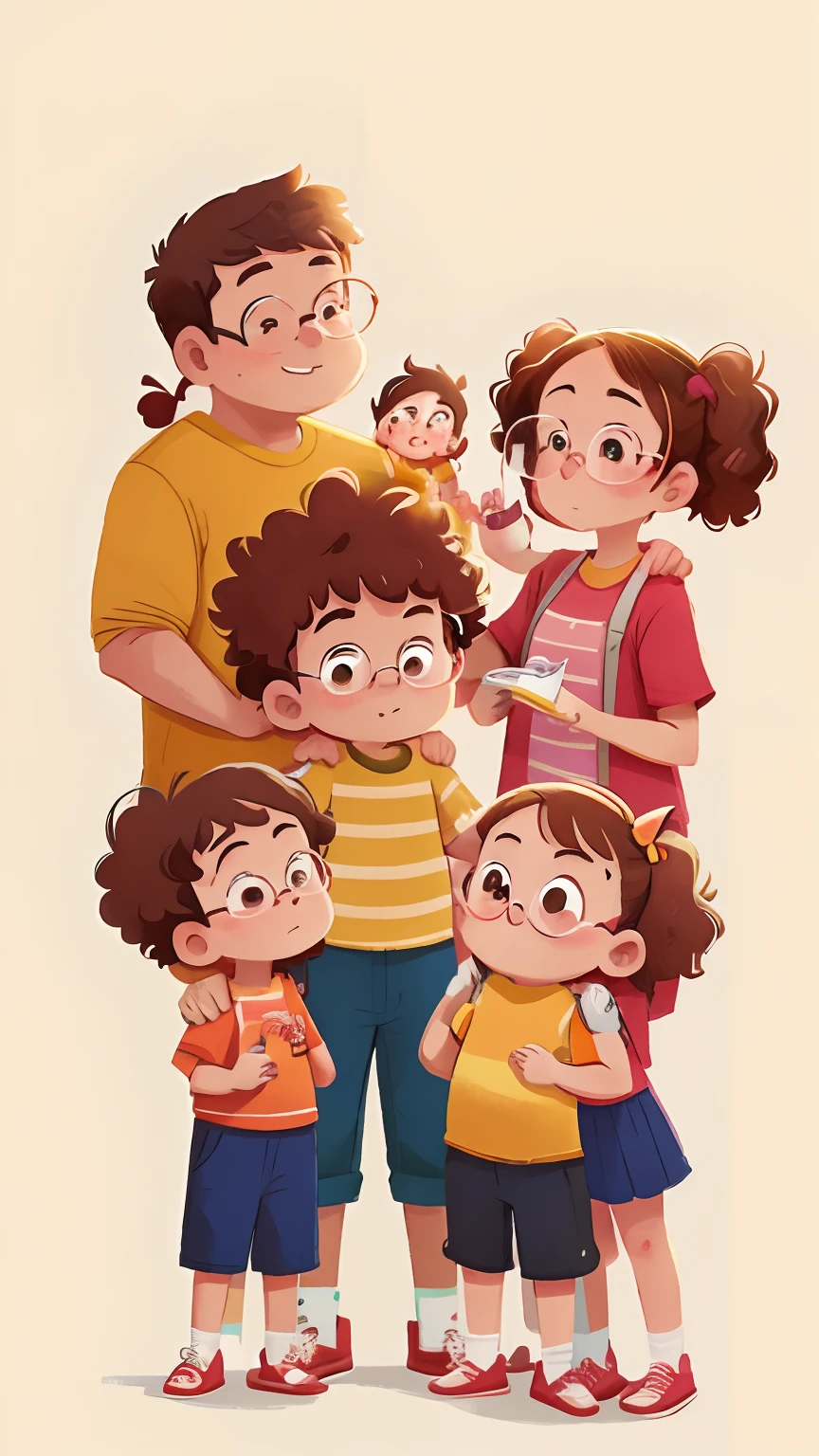 Group photo of a family of four Slightly chubby dad with glasses Curly-haired mom Thirteen-year-old sister with straight shoulder hair Sister with two pigtails Warm and sweet