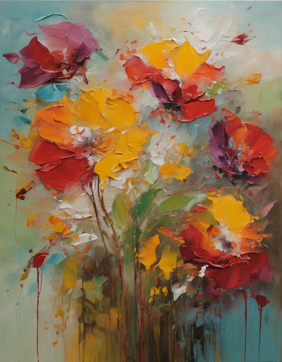 Create an oil painting in a realistic style, with a 3:4 aspect ratio. The painting should feature a profusion of flowers covering the entire canvas. The flowers should have red roses and various other types, with subtle glimpses of foliage peeking through between them.