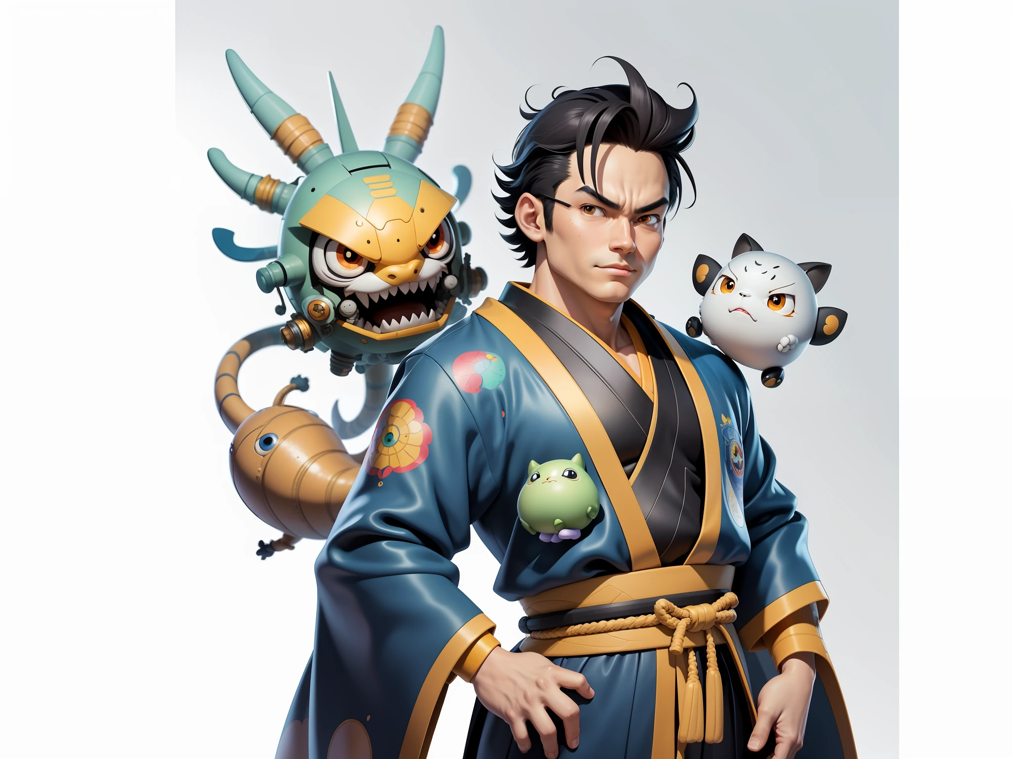 (Masterpiece), (Excellent), (Super Meticulous), (Full Body: 1.2), Super Young Man, Oriental Face, Japanese Kimono, Japanese Wind Thunder God, Dragon, Tiger, TV Anchor, Bust Portrait Illustration, Alone, Black Suit, Blue Tie, Slightly Chubby Face, Very Clean Face, No Beard, Black Super Short Hair, Black Eyes, Confident Smile, 3c Computer Sub-Products, iPad, iPhone, Digital Painting, 3D Character Design by Akira Toriyama and Mark Claireden and Pixar and Hayao Miyazaki, The illustration is a high-definition illustration in 4K resolution with very detailed facial features and cartoon-style visuals.