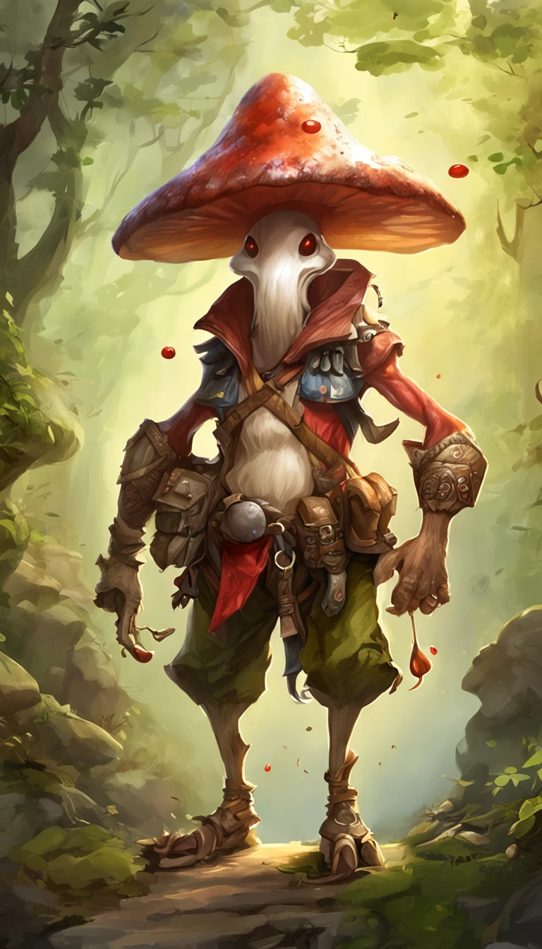 ((top-quality))、((tmasterpiece))、((Full body photo of anthropomorphic male mushroom))、((very simple background))、(Game character design)、Mushroom anthropomorphic monsters、(Moss and mushrooms merge with the body,)、luminous body、Beastman、Ornaments with mushroom motifs、独奏、Fighting posture