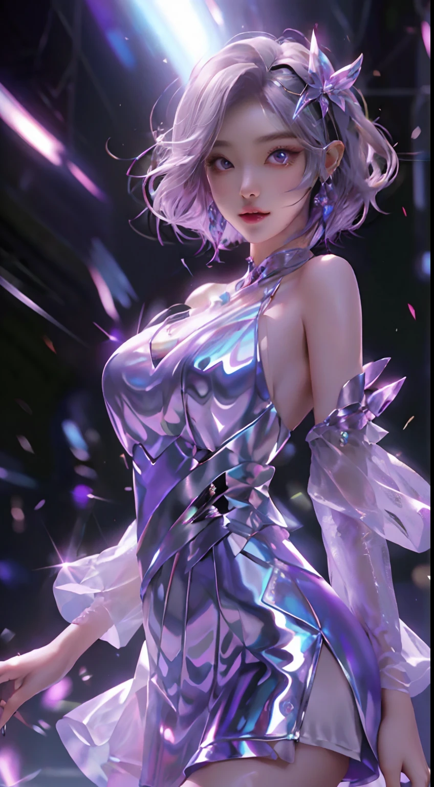 best quality, masterpiece, Ultra-high resolution, (Reality:1.4), RAW photos, Aesthetics and atmosphere, Hidden Shot, Film Grain, Soft Focus, Bokeh, Night Shooting, masterpiece realistic volumetric light,,1 Girl, Purple Eyes, White hair, curls, giggle, (freckle:0.8), thigh, Medium breasts, (shiny:1.3) Sequined long cns dress, Ray Traced Reflections, desert street, The Trail, City Lights, Sky, Against the wall, from the side,