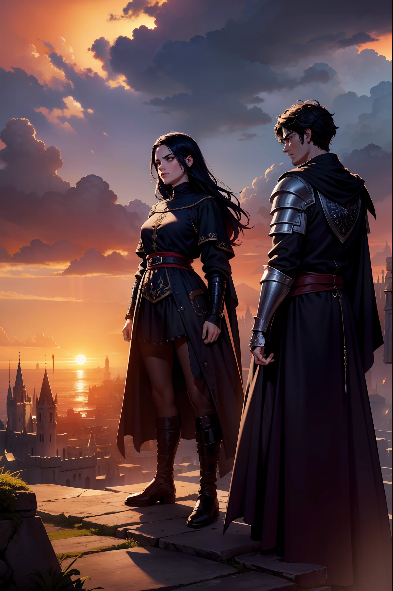 Dois personagens guerreiros, entardecer, 8k, magnifica, Poderoso, magia, Mantos, Cidade medieval, dramatic scene, Colors of Gothic armor: vermelho e preto, sky with many clouds, fluttering cover, manto, tunic, castelo, magnifica