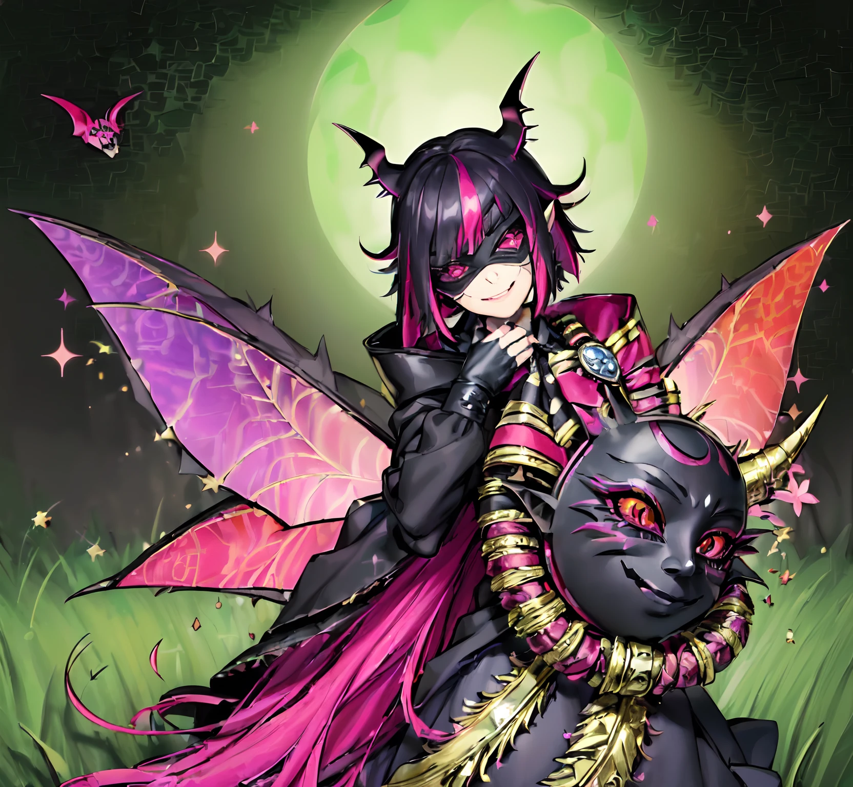 (masterpiece, best quality:1.2),solo, ((1boy:1.8)), ((lilia vanrouge as a Digimon)), full body ,Mischievous smile, looking at viewer, multicolored hair, black hair, streaked pink hair,((Anthro Bat)),(( fairy)), ((Demonic)), ((Pink and Black Body))digimon\(creature\),(( mask covering Eyes)) gloves, black shirt
wings, sparkling clothing, ((Grey skin))