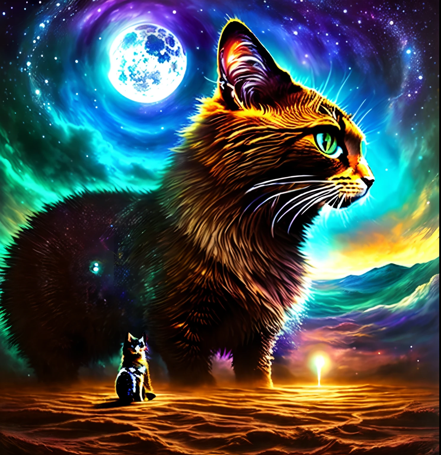 , An incomprehensible construction,m, arte de fundo, epic surrealism 8k oil painting, arte conceitual,epic stunning atmosphere, Harmonia do Universo, surreal mystical atmosphere, Psychedelic, terror, Lovecraft, um gato olhando um ambiente lunar