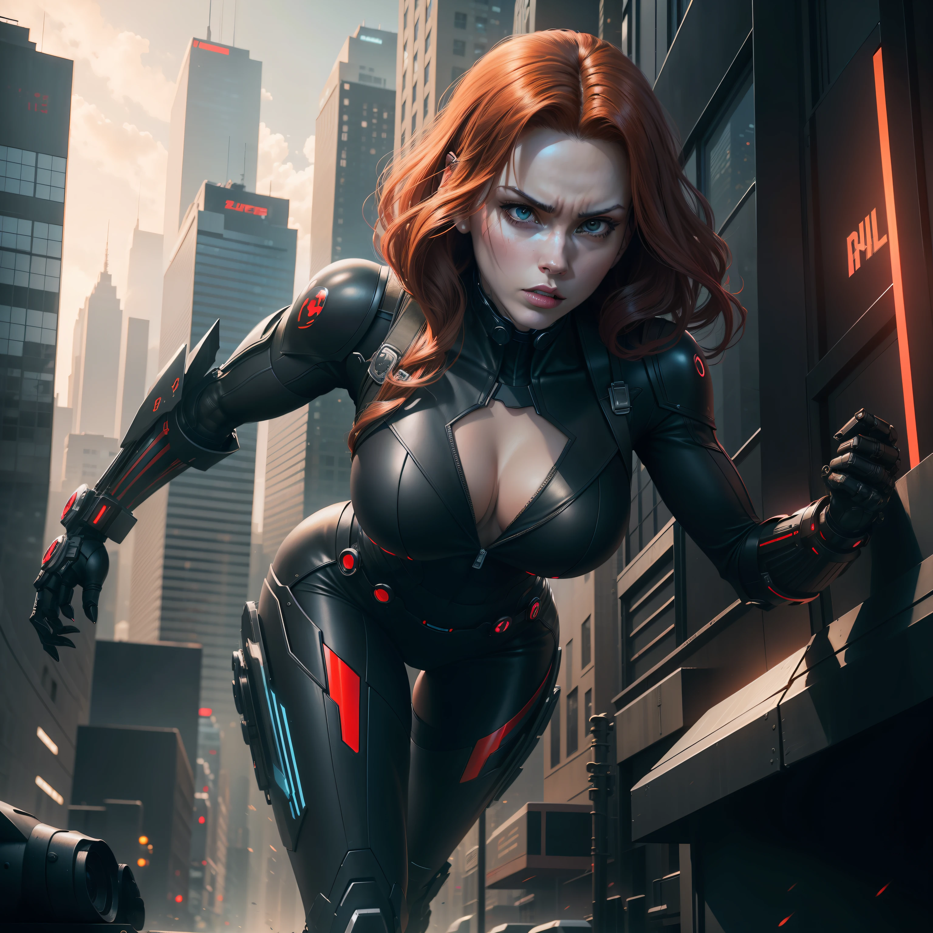 Subject: A photorealistic depiction of Black Widow's astounding transformation into a formidable Terminator-inspired robot amidst a dynamic cityscape.
Type of Image: Photorealistic digital artwork capturing Black Widow's shift into a menacing robotic form reminiscent of the Terminator.
Art Styles: Realism combined with futuristic and mechanical aesthetics, showcasing the blend of Black Widow's agility with robotic power.
Art Inspirations: Sci-fi concept artists known for their skill in merging iconic characters with mechanical designs.
Camera: Shot using a 70mm lens to capture the transformation's intricate details against the backdrop of the bustling city.
Shot: Close-up shot, highlighting Black Widow's Terminator-like form amidst the illuminated city lights.
Render Related Information: High-resolution render (4K) emphasizing the intricate fusion of espionage and robotic features.