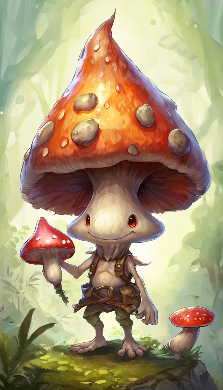 ((top-quality))、((tmasterpiece))、((Full body photo of anthropomorphic male mushroom))、((very simple background))、(Game character design)、Mushroom anthropomorphic monsters、(Moss and mushrooms merge with the body,)、luminous body、Beastman、Ornaments with mushroom motifs、独奏、Fighting posture