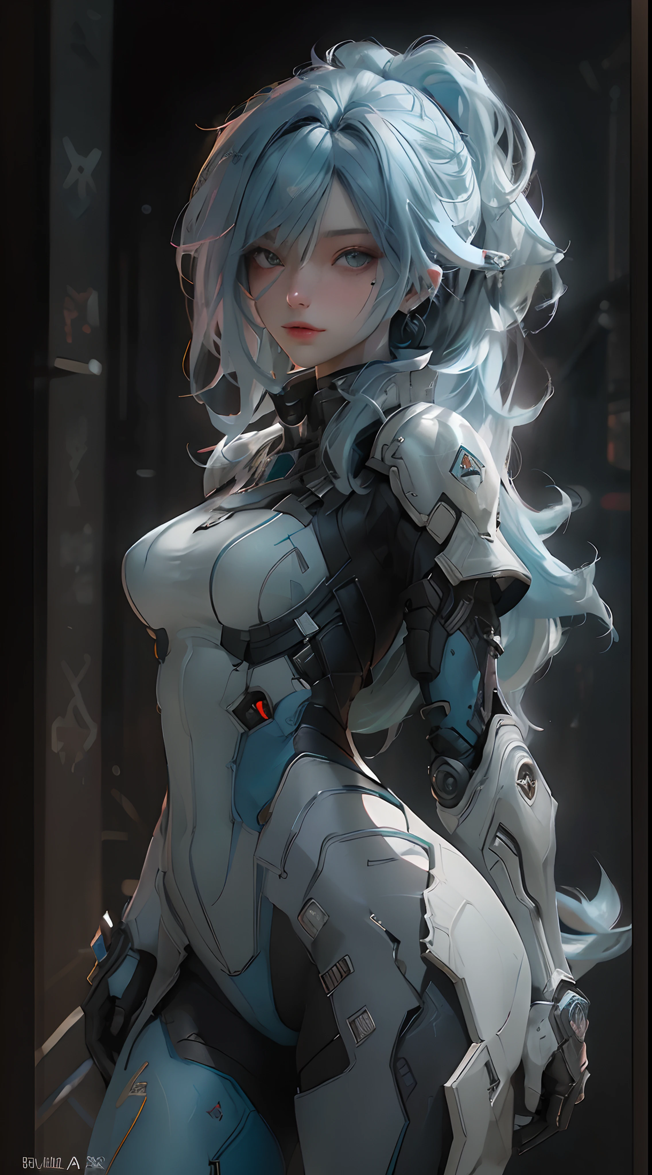((Best Quality)), ((Masterpiece)), (Detail: 1.4), 3D,posing from behind A Beautiful Cyberpunk Female Figure, Blue Hair, Mercenary Armor, Cat Ears, HDR (High Dynamic Range), Ray Tracing, NVIDIA RTX, Super-Resolution, Unreal 5, Subsurface Scattering, PBR Texture, Post-Processing, Anisotropic Filtering, Depth of Field, Maximum Sharpness and Sharpness, Multi-layer Texture, Albedo and Highlight Map, Surface shading, Accurate simulation of light-material interactions, Perfect Proportions, Octane Render, Dichroic Light, Large Aperture, Low ISO, White Balance, Rule of Thirds, 8K RAW,