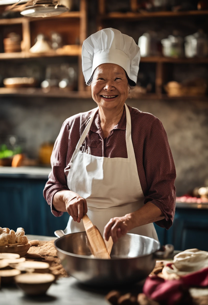 Middle Age Woman、Cooking、White hat for cooking、Brown apron、Wearing a white mask、Smiling、Precision Photography、４K image