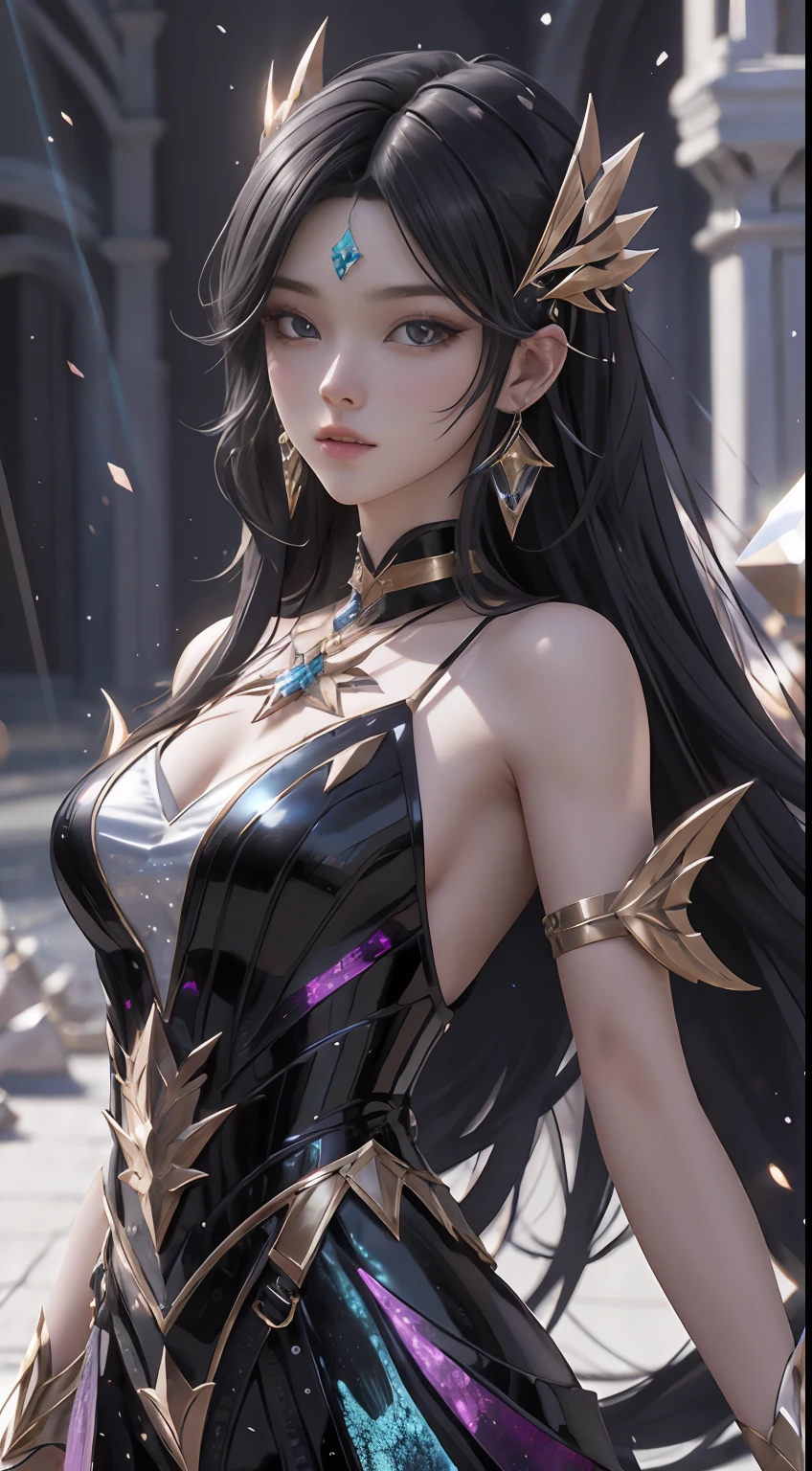 best quality, 1girl, kda, solo,  long hair, black  dress, looking at viewer,  upper body