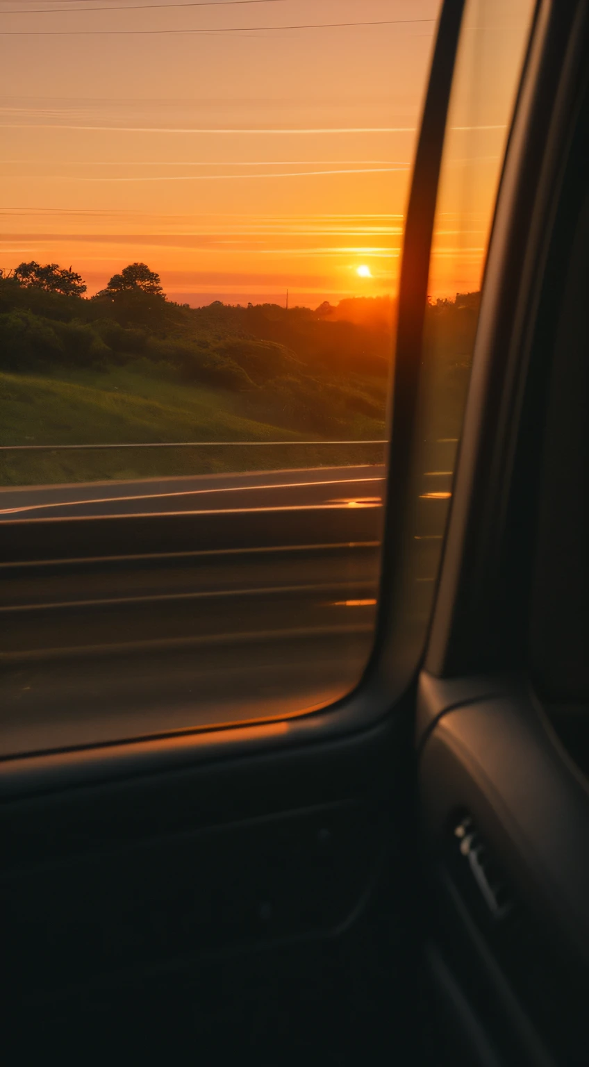 evening light,Look out from afar in the car,The picture is realistic,plethora of colors,Gorgeous and colorful,Shoot at night,positive,natural style,hdr shot,Inside the car,Look inside the car,Sunset directly ahead,Faraway view,Blurred foreground,Ultra-clear details,Ultra photo realsisim,telephoto lenses