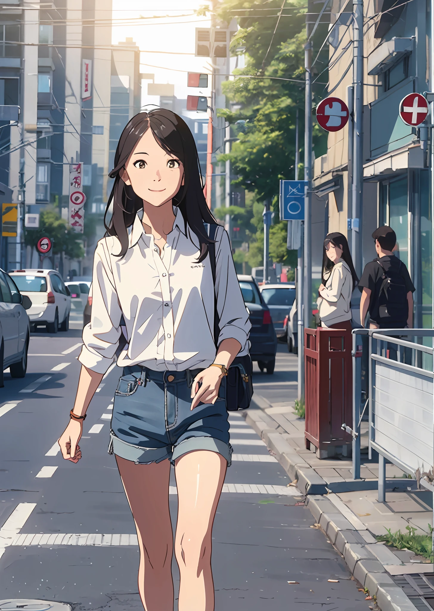 in a white shirt、sweater vest,Chinese girl in denim shorts,Fluffy long hair,ssmile,Street View photos --auto --s2
