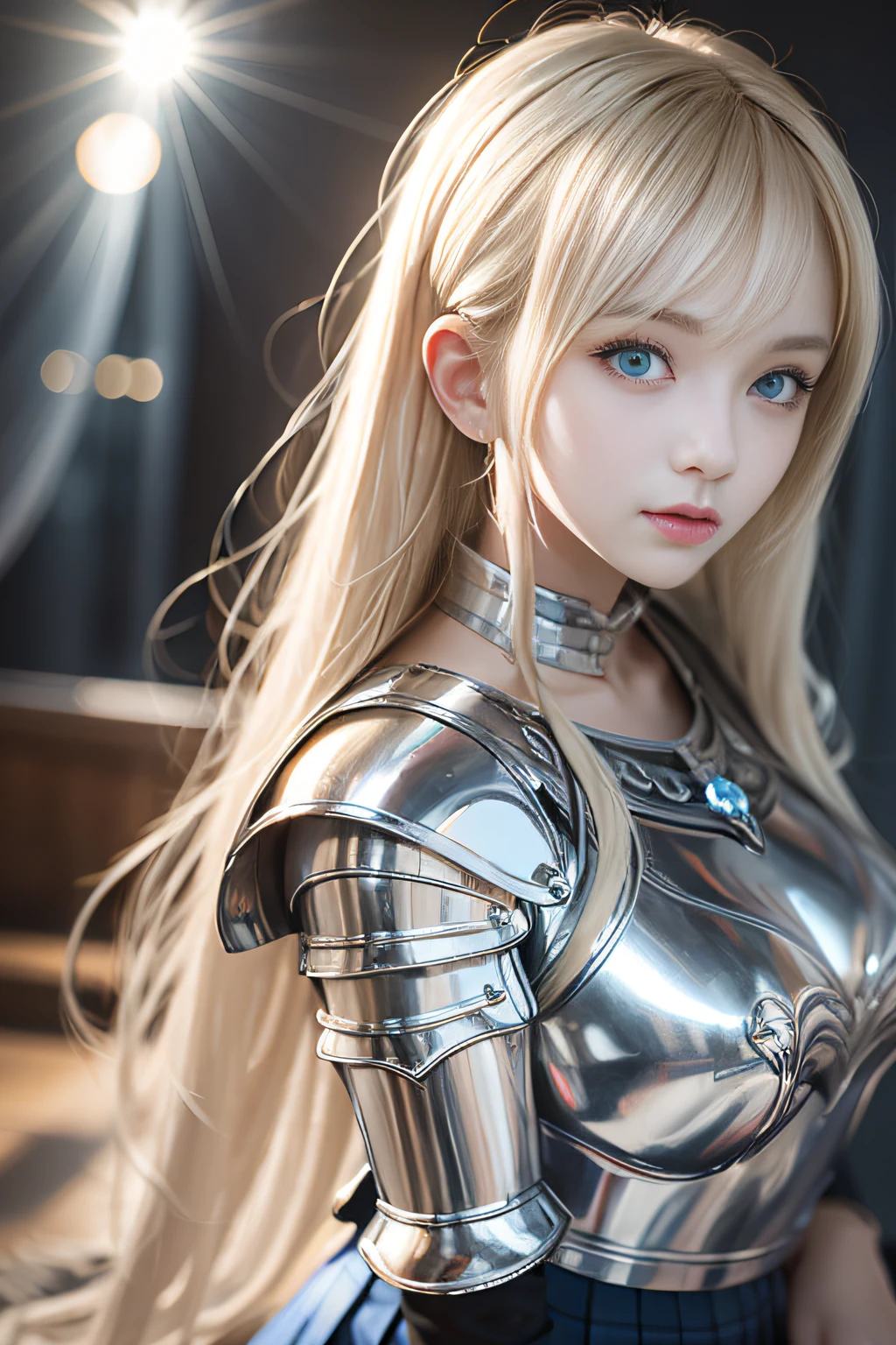 bright expression、poneyTail、Young shiny shiny white shiny skin、Best Looks、Blonde reflected light、Platinum blonde hair with dazzling highlights、shiny light hair,、Super long silky straight hair、Beautiful bangs that shine、Glowing crystal clear attractive big blue eyes、Very beautiful nice cute 16 year old girl、Lush bust,Beautiful detailed eyes, beautiful detailed nose,(( Full body:1.25)),Makeup that the eyes emphasize、((Pleated skirt with many folds)),(Women like Joan of Arc)、s Armor、Knights, With a sword and shield,Royal style,Comic style, , Sub-surface scattering, ornate detail, nature backdrop, Hyper-realistic, Cinematic, Dramatic Lighting, masutepiece