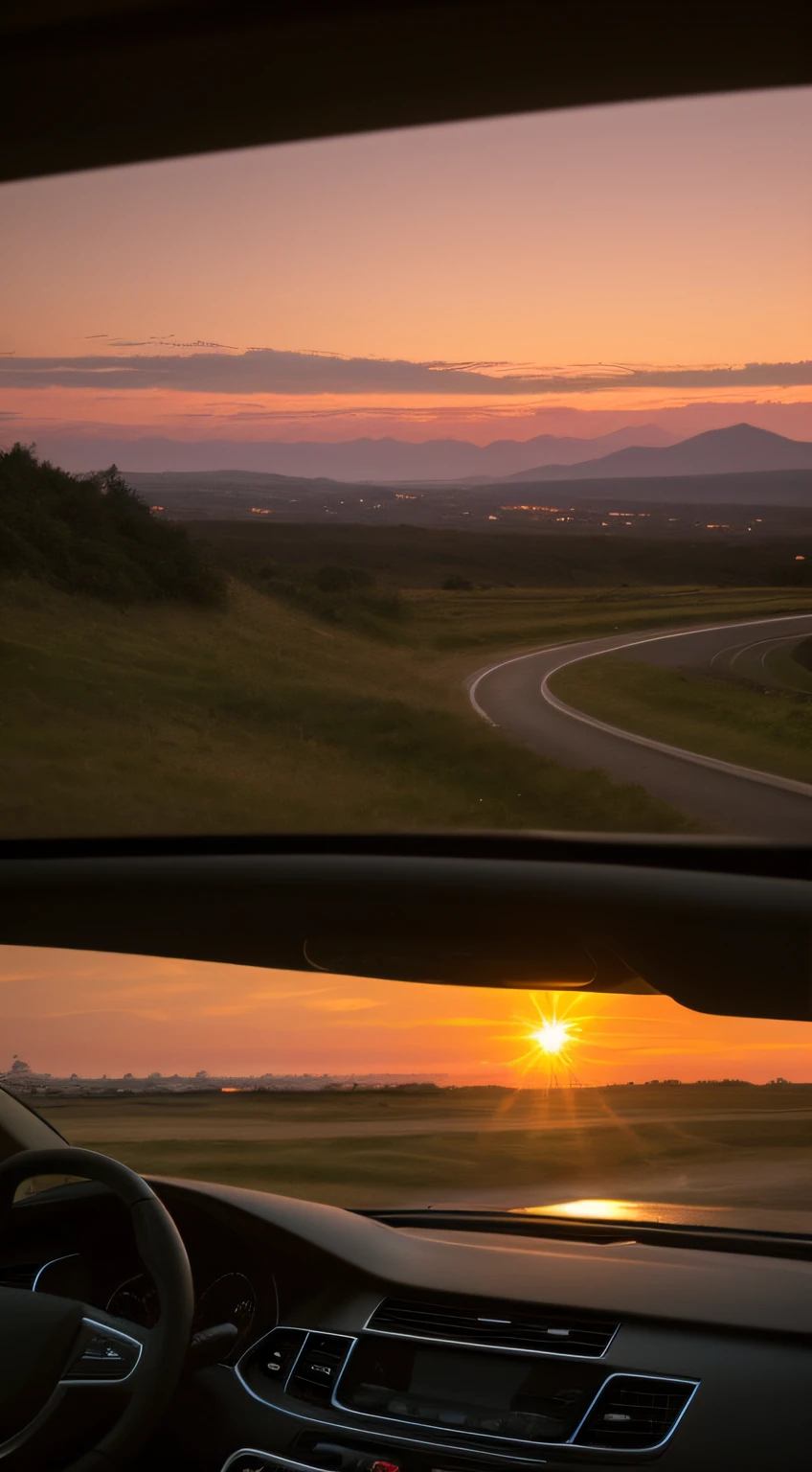 evening light，Look out from afar in the car，The picture is realistic，plethora of colors，Gorgeous and colorful，Shoot at night，positive，natural style，hdr shot，Inside the car，Look inside the car，Sunset directly ahead，Faraway view，Blurred foreground，Ultra-clear details，Ultra photo realsisim，telephoto lenses