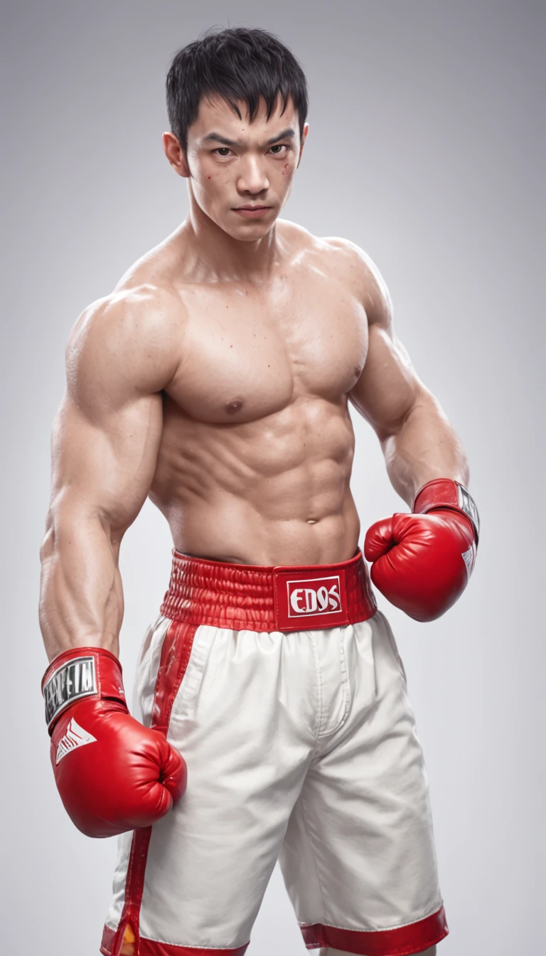 fighting game character, sketch, concept art, human, bright color, boxing champion, red boxing gloves, white and red stripes trunks, shirtless, sweaty, American man, muscular!!!, (bara), hunk, burly, short crew cut hair, black hair, facial hair, cold face, on plain white canvas, rough, mix of bold and thin lines, 8k, splash art, sharp focus, volumetric lighting,