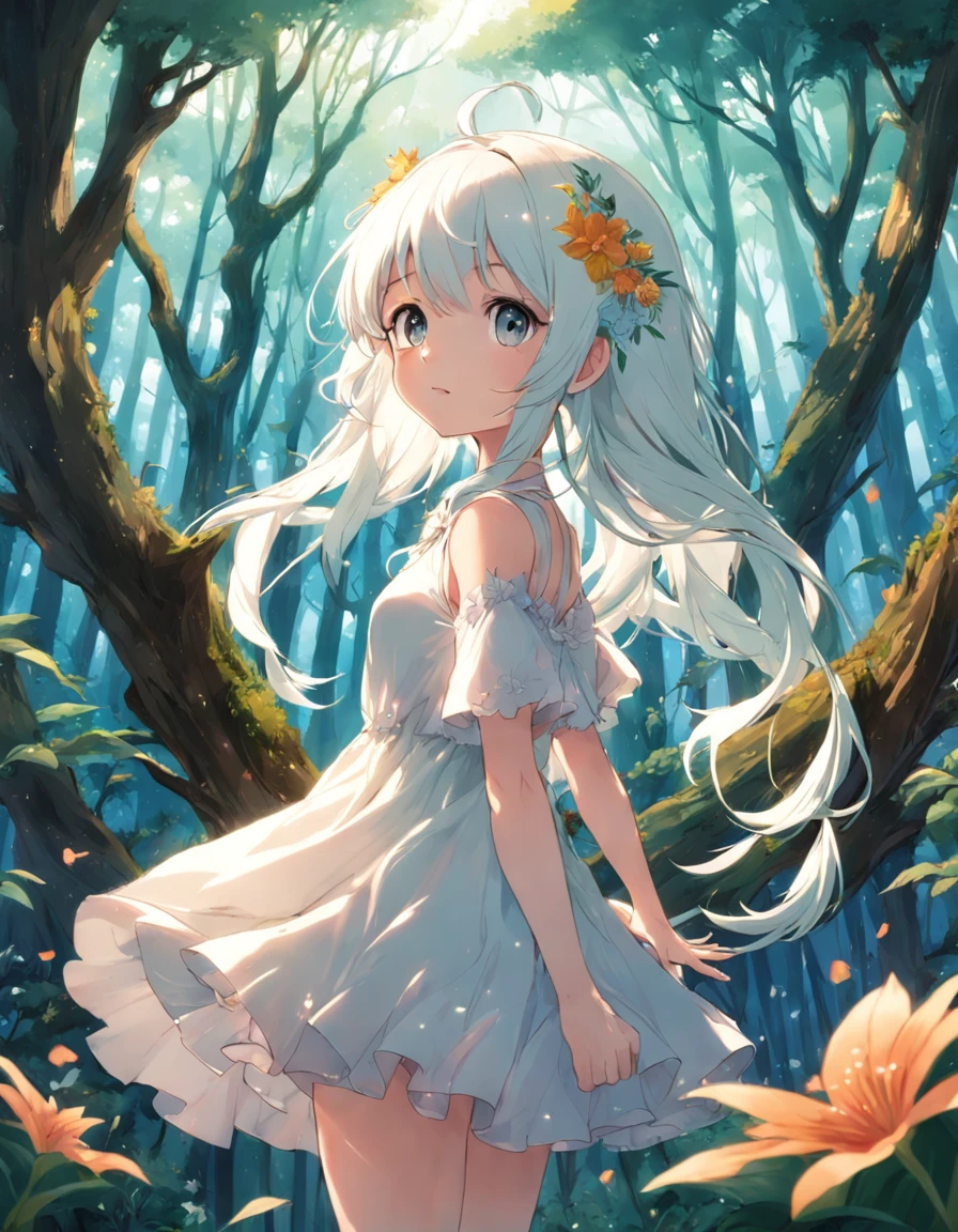 Coelhinho branco fofo, em uma floresta encantada , com muitas arvores, flores, brisa leve,