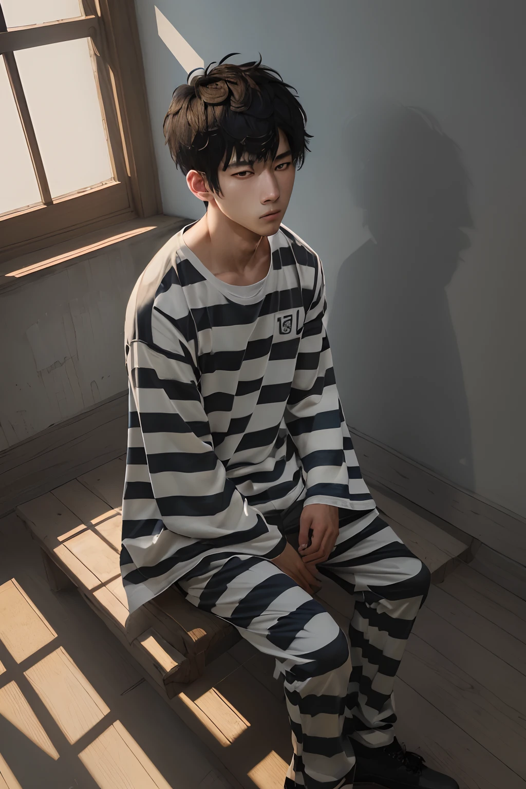 1male people, The upper part of the body, Preware, Striped clothing, The shirt, (wide sleeves), long-sleeve, Striped clothing, Striped pants, Black footwear, inside the house, prison, prison, (sitting on),, Short men, being thin、Shorthair、A dark-haired、Crazy look、window, (extremely detailed CG unified 8k wallpaper), (top-quality), (ultra-detailliert), (The best illustrations), (Best Shadows), realisitic, ​masterpiece, top-quality, ​masterpiece, top-quality, ​masterpiece, top-quality, ​masterpiece, top-quality, ​masterpiece、top-quality、​masterpiece、top-quality