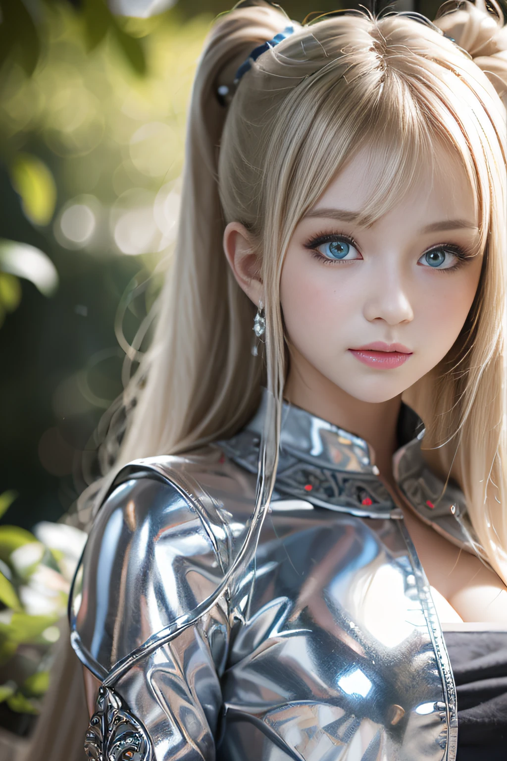 bright expression、poneyTail、Young shiny shiny white shiny skin、Best Looks、Blonde reflected light、Platinum blonde hair with dazzling highlights、shiny light hair,、Super long silky straight hair、Beautiful bangs that shine、Glowing crystal clear attractive big blue eyes、Very beautiful nice cute 16 year old girl、Lush bust,Beautiful detailed eyes, beautiful detailed nose,(( Full body:1.25)),Makeup that the eyes emphasize、((Pleated skirt with many folds)),(Women like Joan of Arc)、s Armor、Knights, With a sword and shield,Royal style,Comic style, , Sub-surface scattering, ornate detail, nature backdrop, Hyper-realistic, Cinematic, Dramatic Lighting, masutepiece