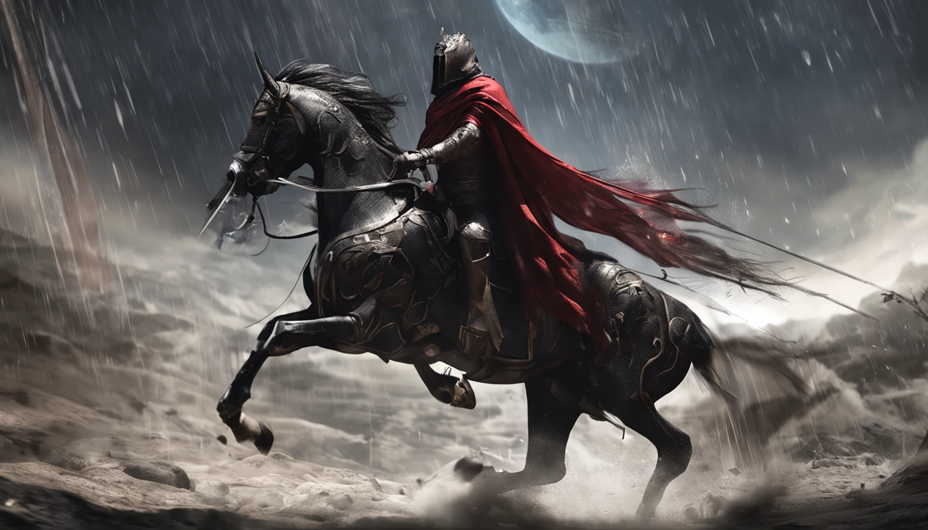 art cg,Best quality, Masterpiece, 超高分辨率, (photograph realistic:1.4), surrealism, Dream-like,fusionart, Shadowdancer, shadow magic, darkness control, stealth, shadowstep, umbral spells, hidden blade,Masterpiece, Fine, Delicate, detail, Brush strokes, A high resolution(Close-up:1.0)Thick,(flat_Color:1.1),(Colorful:1.3),(Dark tones:1.5),lens_flare,film_composition,cinematic ligh_lighting(Don't look at the camera:1.4)(Look away:1.4)Solo(Full body shot:1.0)(Solo:1.0)1girll,in a panoramic view, Wide shot, Ultra-wide angle, From below,Female lord,ride horse,European aristocrats,(medieval times),Black iron armor,European ironclads,Red cape,European longsword,Head armor,Nordic Indoor,with black background
