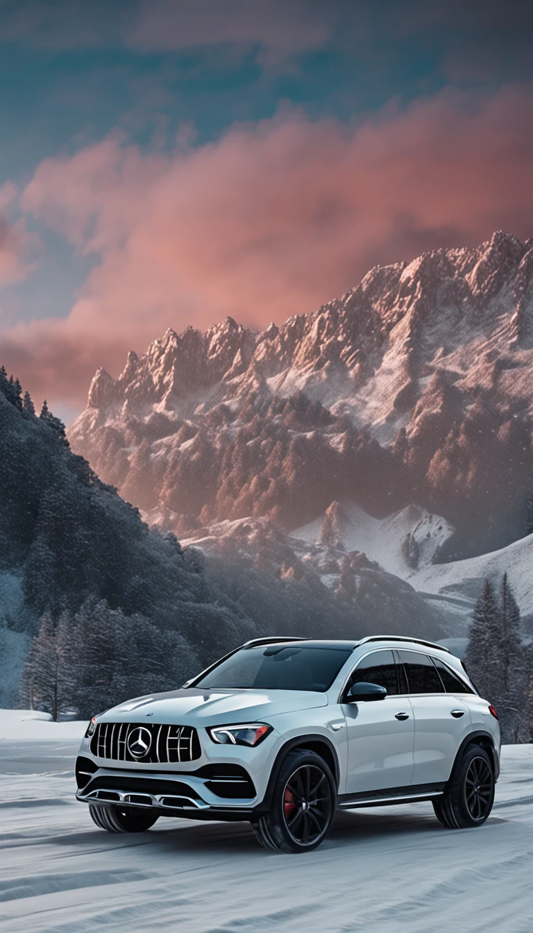 ultra-realistic image,On the road of the snowy mountains,Driving a black Mercedes GLE off-road SUV