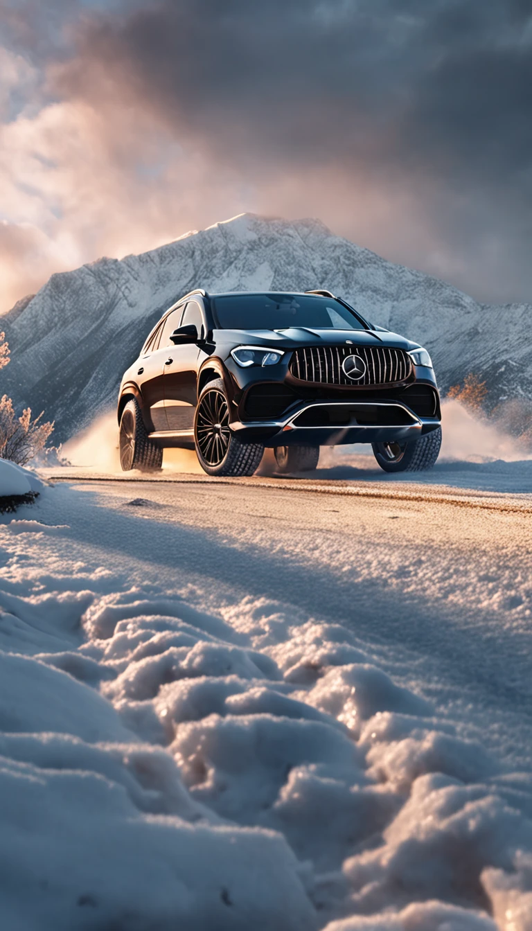 ultra-realistic image,On the road of the snowy mountains,Driving a black Mercedes GLE off-road SUV