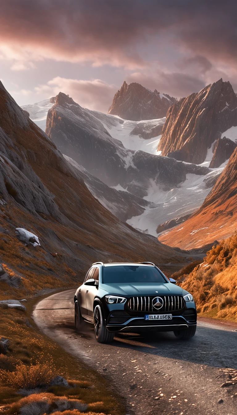 ultra-realistic image，On the road of the snowy mountains，Driving a black Mercedes GLE off-road SUV