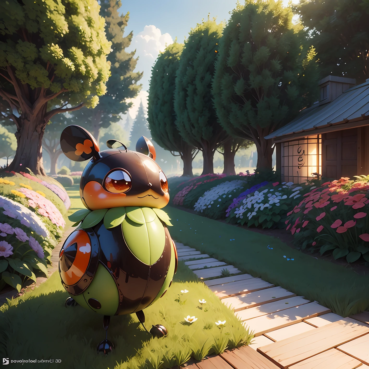The ladybug of the cartoon character is in ((The most beautiful garden)) ((Ultra-rare flowers)) Wooden deck, Drawing numbers are cute, cute 3 d render, beautiful detailed digital art, beautiful digital art, advanced digital chibi art, Children's art on the art station, ladybug as a monster, 3 d render stylized, ladybug, Cute cartoon character, epic digital art illustration, beautiful digital art, Trend at Artstation headquarters, Cute Art