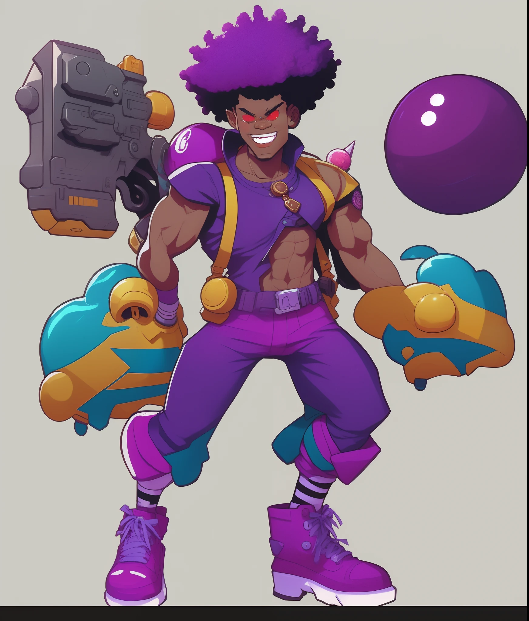 Close-up of cartoon character holding gun and ball, 90's comic character design, Official Character Art, splash art brawlstars, fighting game character, character artwork, character art the contra, video game character art, hyper concept art, official concept art, video game character concept, afro futurism, afrofuturistic, candypunk character design