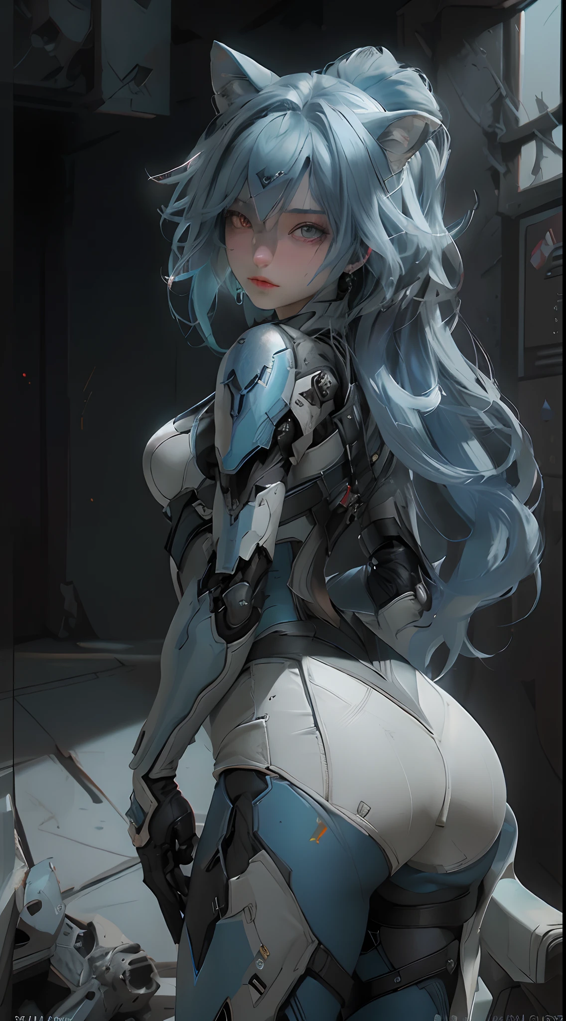 ((Best Quality)), ((Masterpiece)), (Detail: 1.4), 3D,posing from behind A Beautiful Cyberpunk Female Figure, Blue Hair, Mercenary Armor, Cat Ears, HDR (High Dynamic Range), Ray Tracing, NVIDIA RTX, Super-Resolution, Unreal 5, Subsurface Scattering, PBR Texture, Post-Processing, Anisotropic Filtering, Depth of Field, Maximum Sharpness and Sharpness, Multi-layer Texture, Albedo and Highlight Map, Surface shading, Accurate simulation of light-material interactions, Perfect Proportions, Octane Render, Dichroic Light, Large Aperture, Low ISO, White Balance, Rule of Thirds, 8K RAW,